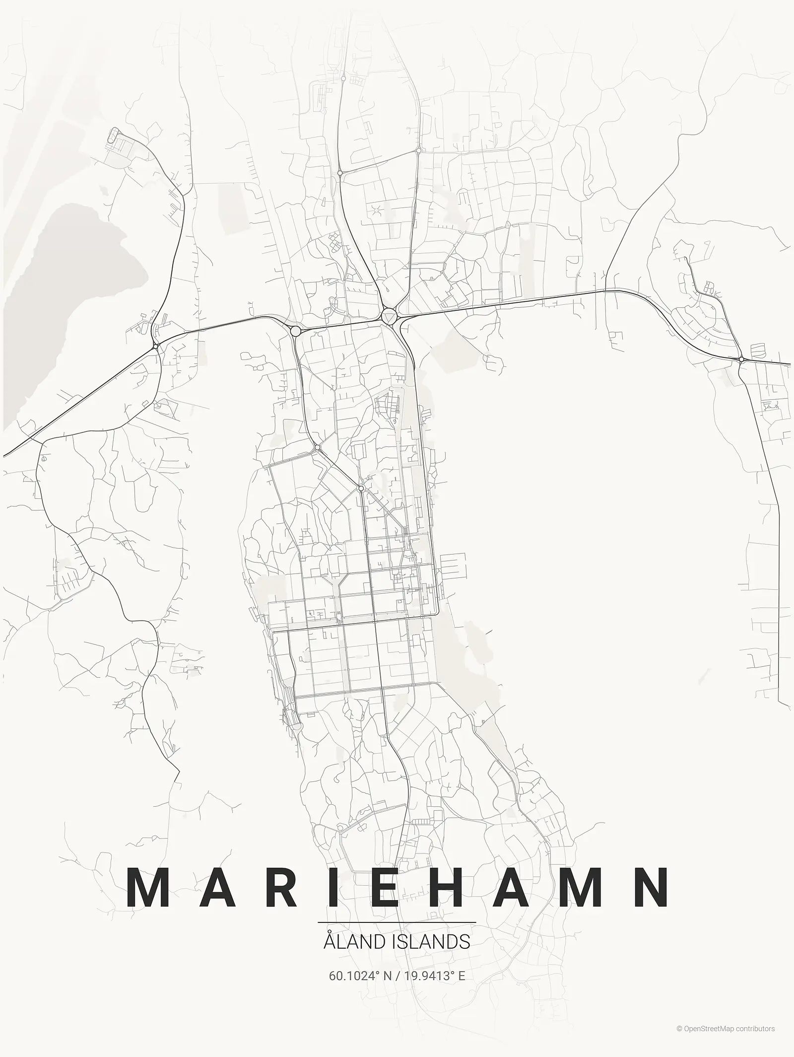 Stylized map poster of Mariehamn in Japanese ink style