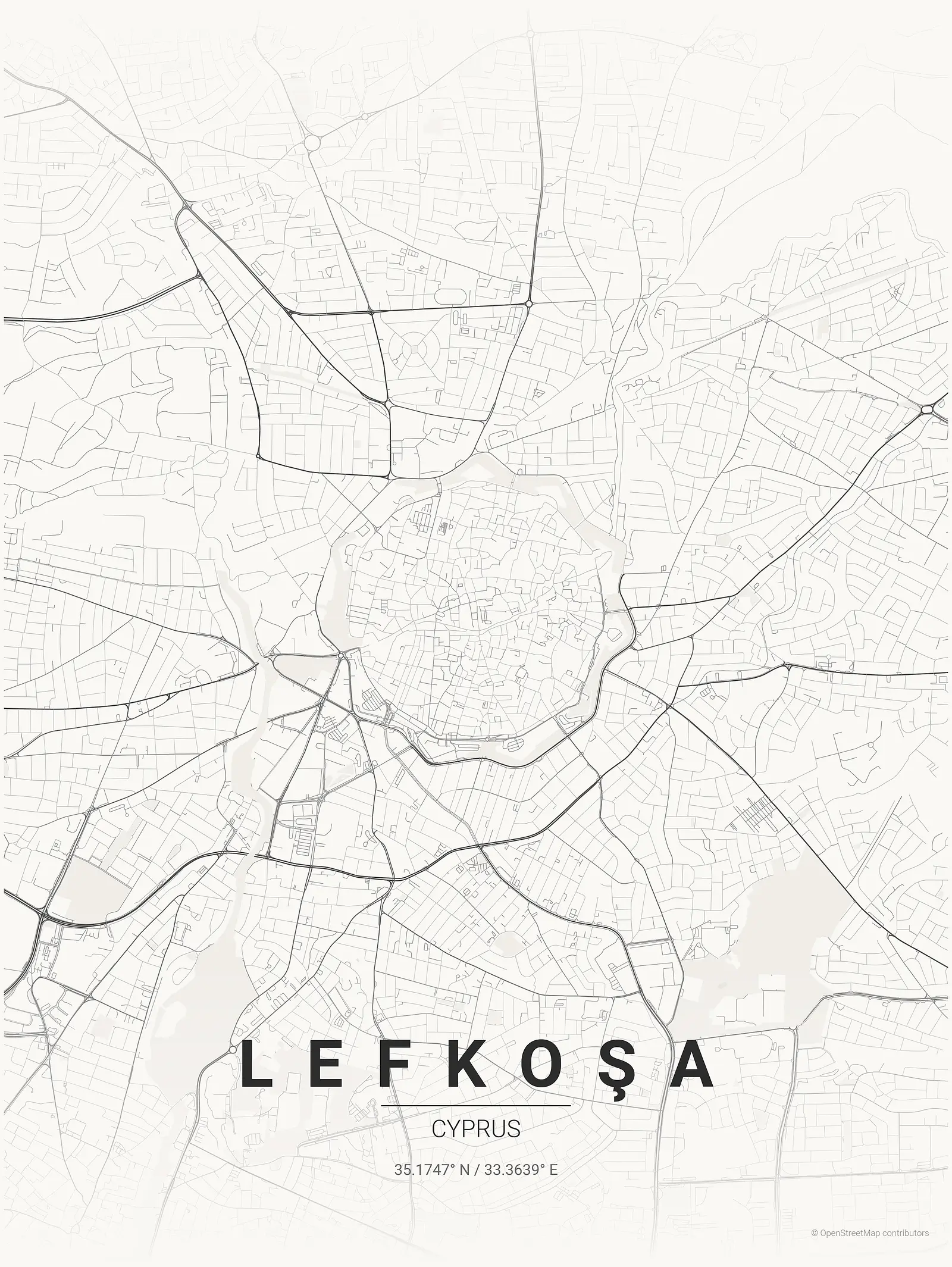 Stylized map poster of Lefkoşa in Japanese ink style