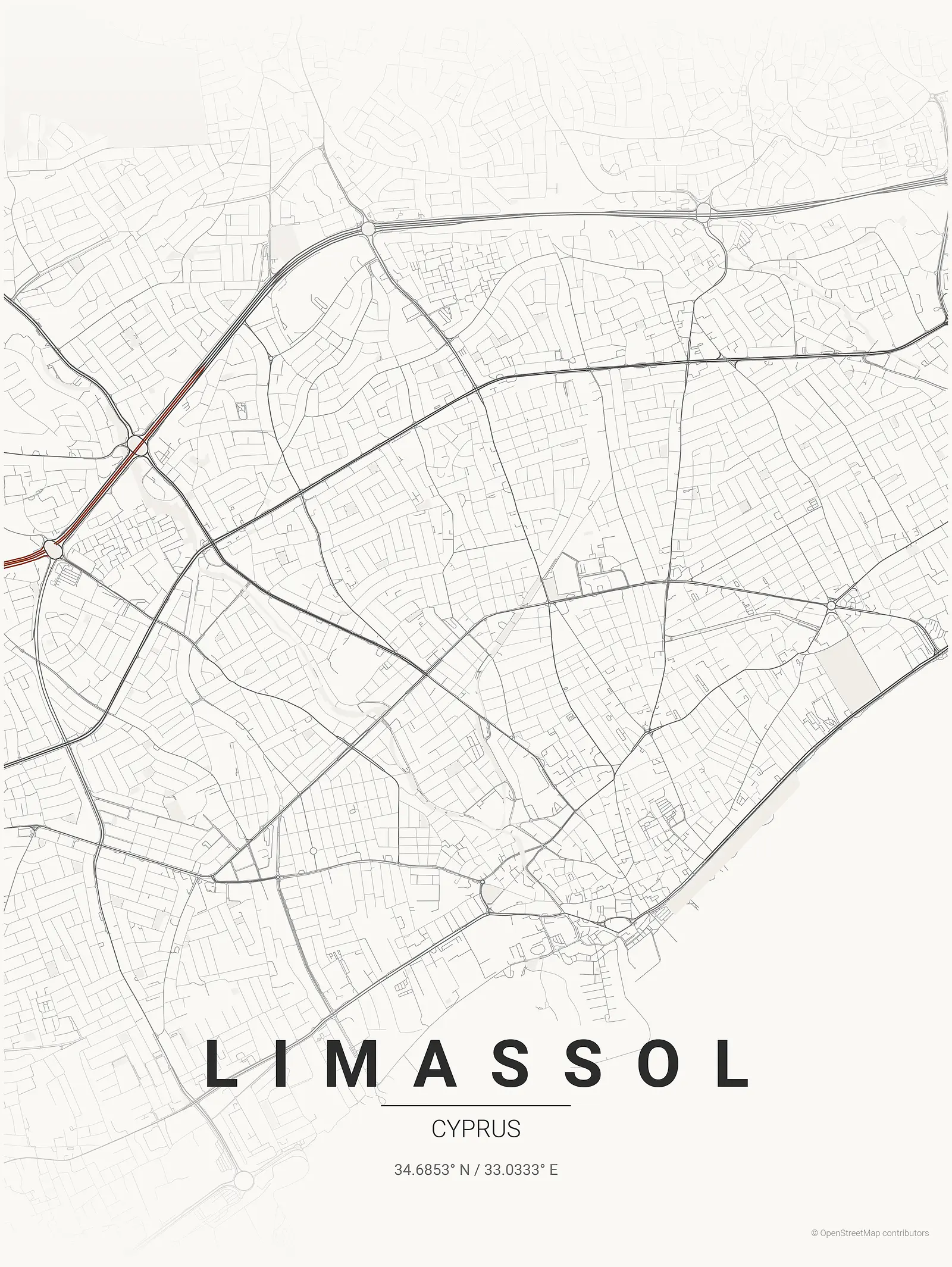 Stylized map poster of Limassol in Japanese ink style