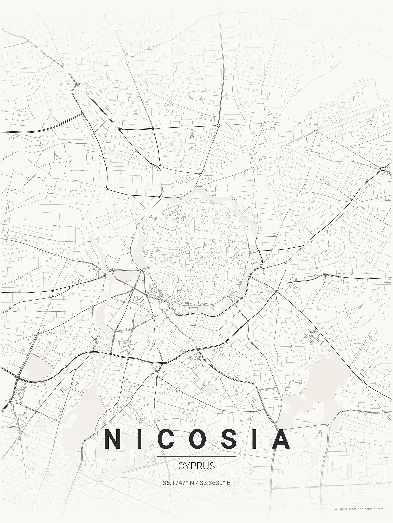 Stylized map poster of Nicosia in Japanese ink style