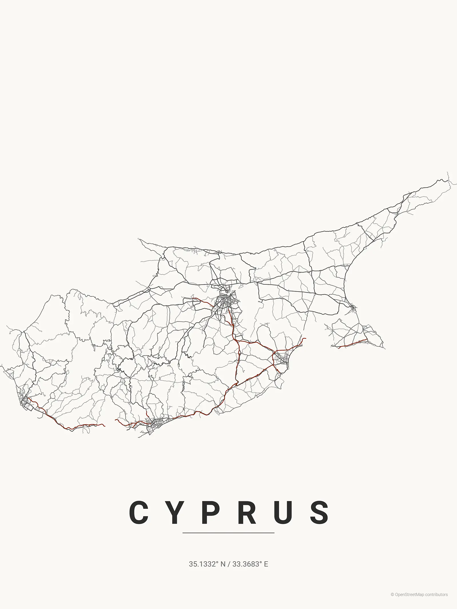 Stylized map poster of Cyprus in Japanese ink style
