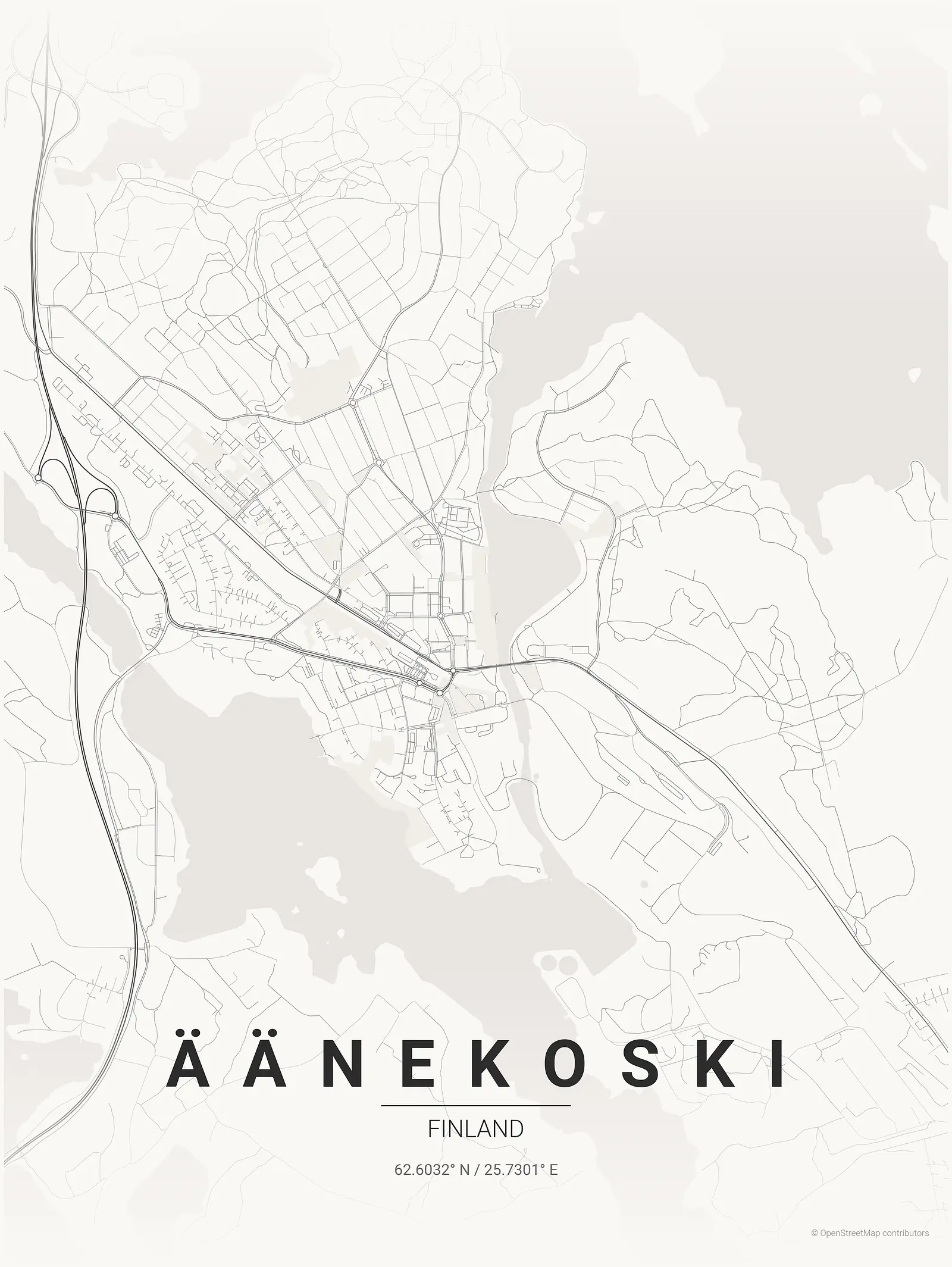 Stylized map poster of Äänekoski in Japanese ink style