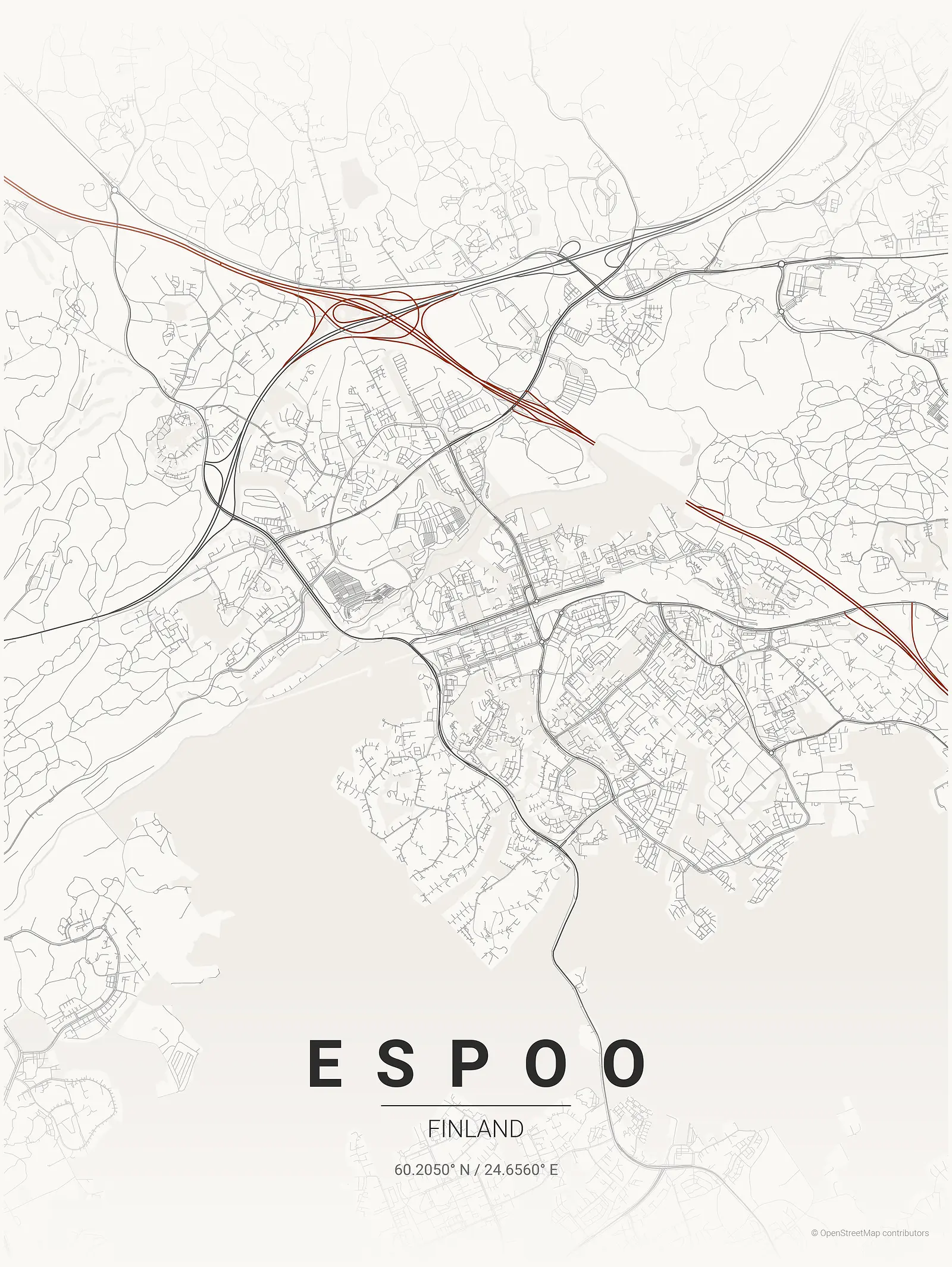 Stylized map poster of Espoo in Japanese ink style