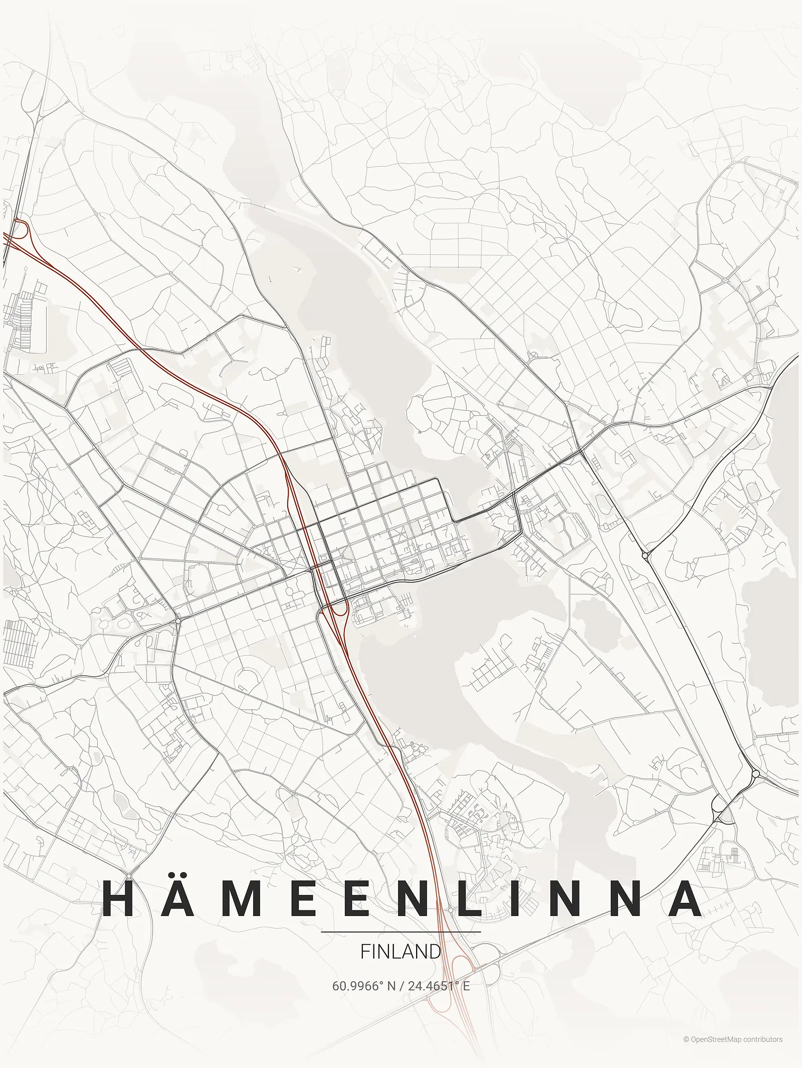 Póster de mapa estilizado de Hämeenlinna en estilo tinta japonesa