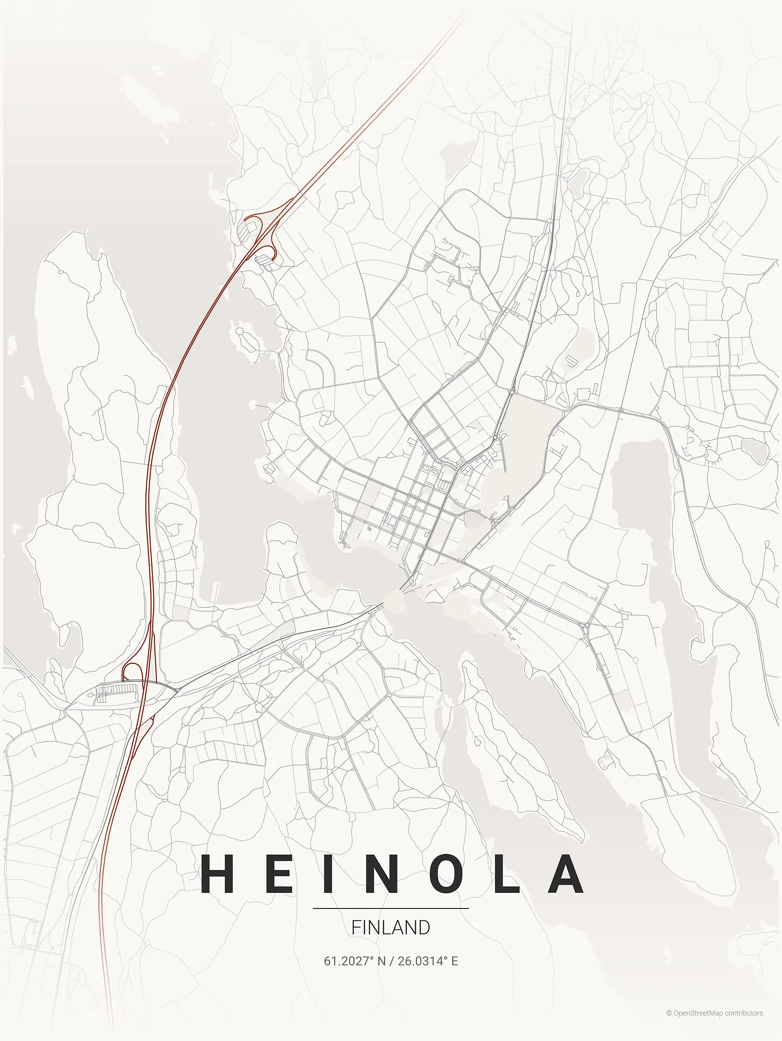 Stylized map poster of Heinola in Japanese ink style