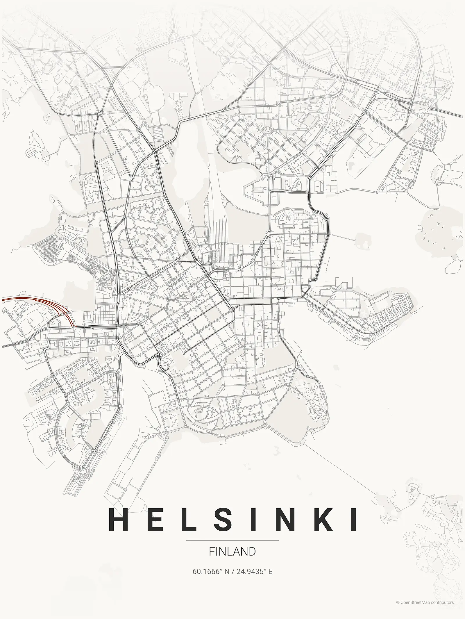 Stylized map poster of Helsinki in Japanese ink style