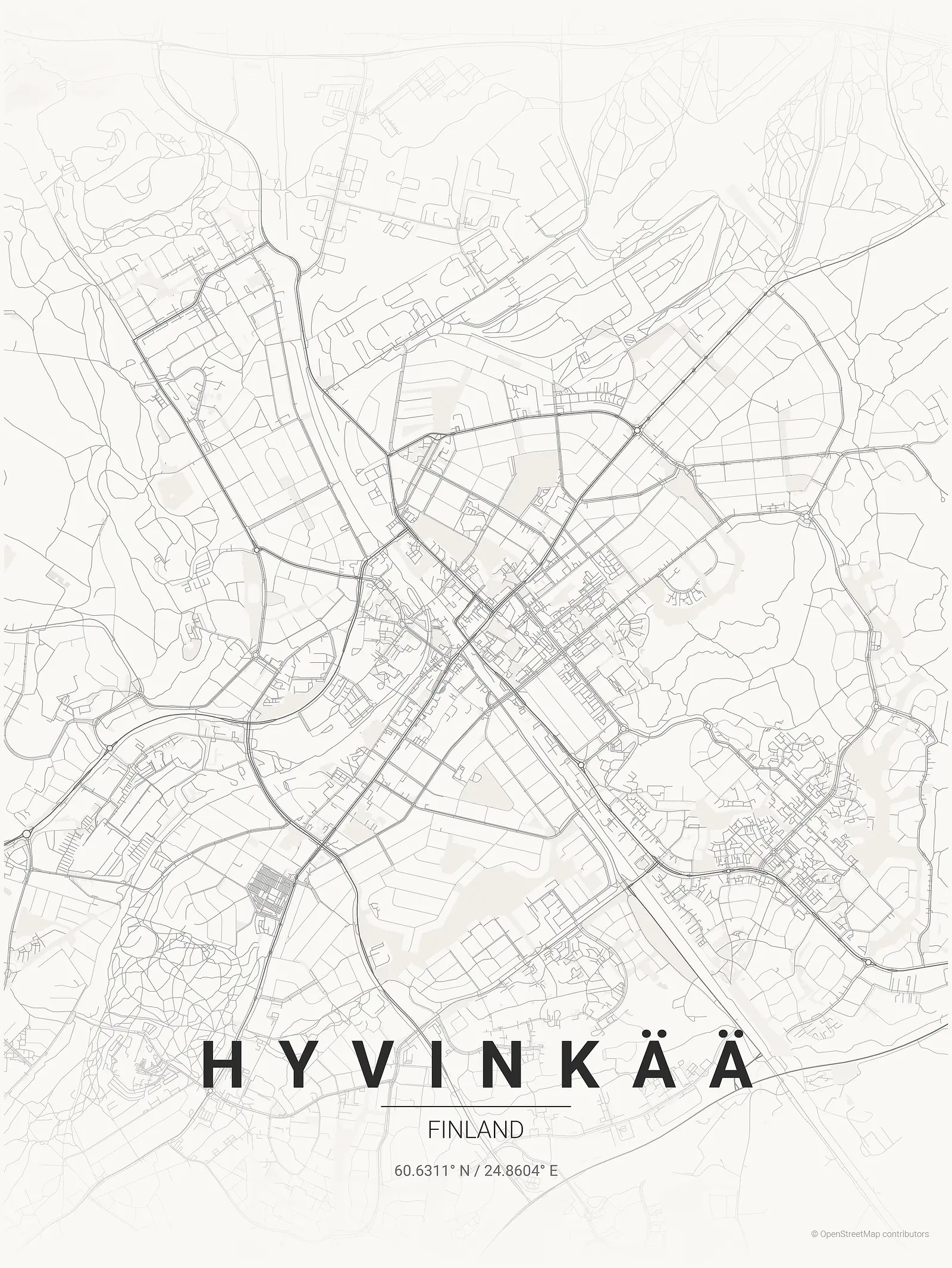 Stylized map poster of Hyvinkää in Japanese ink style