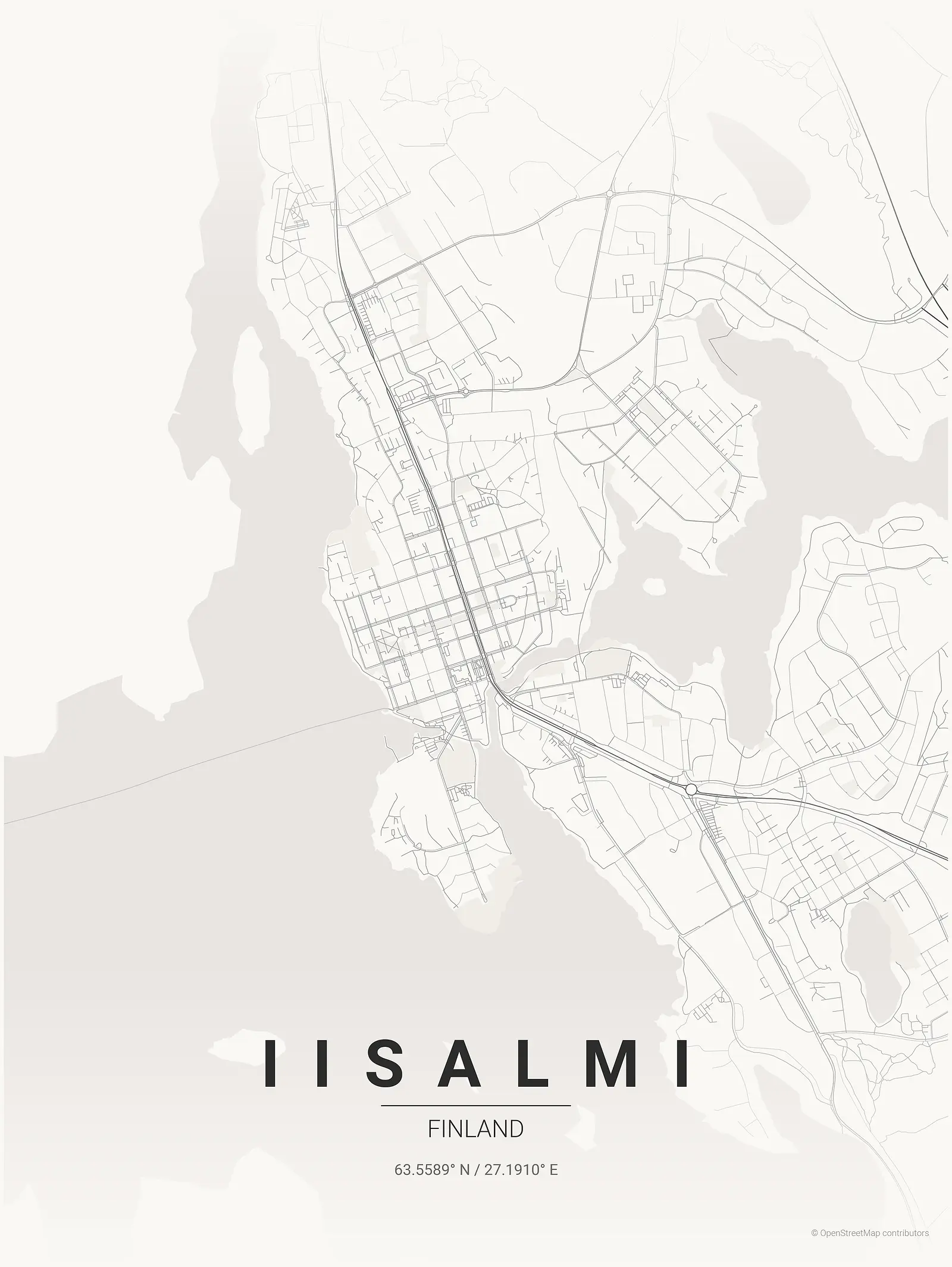 Stylized kaart poster of Iisalmi in Japanese ink style