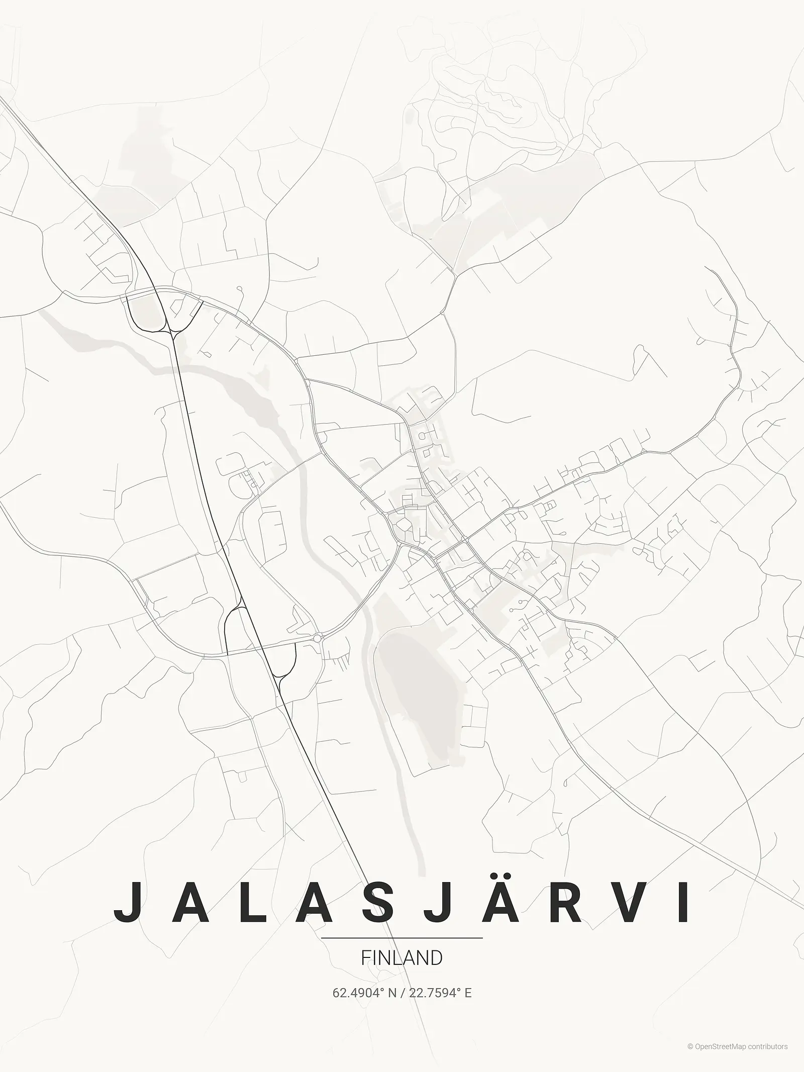 Stylized map poster of Jalasjärvi in Japanese ink style