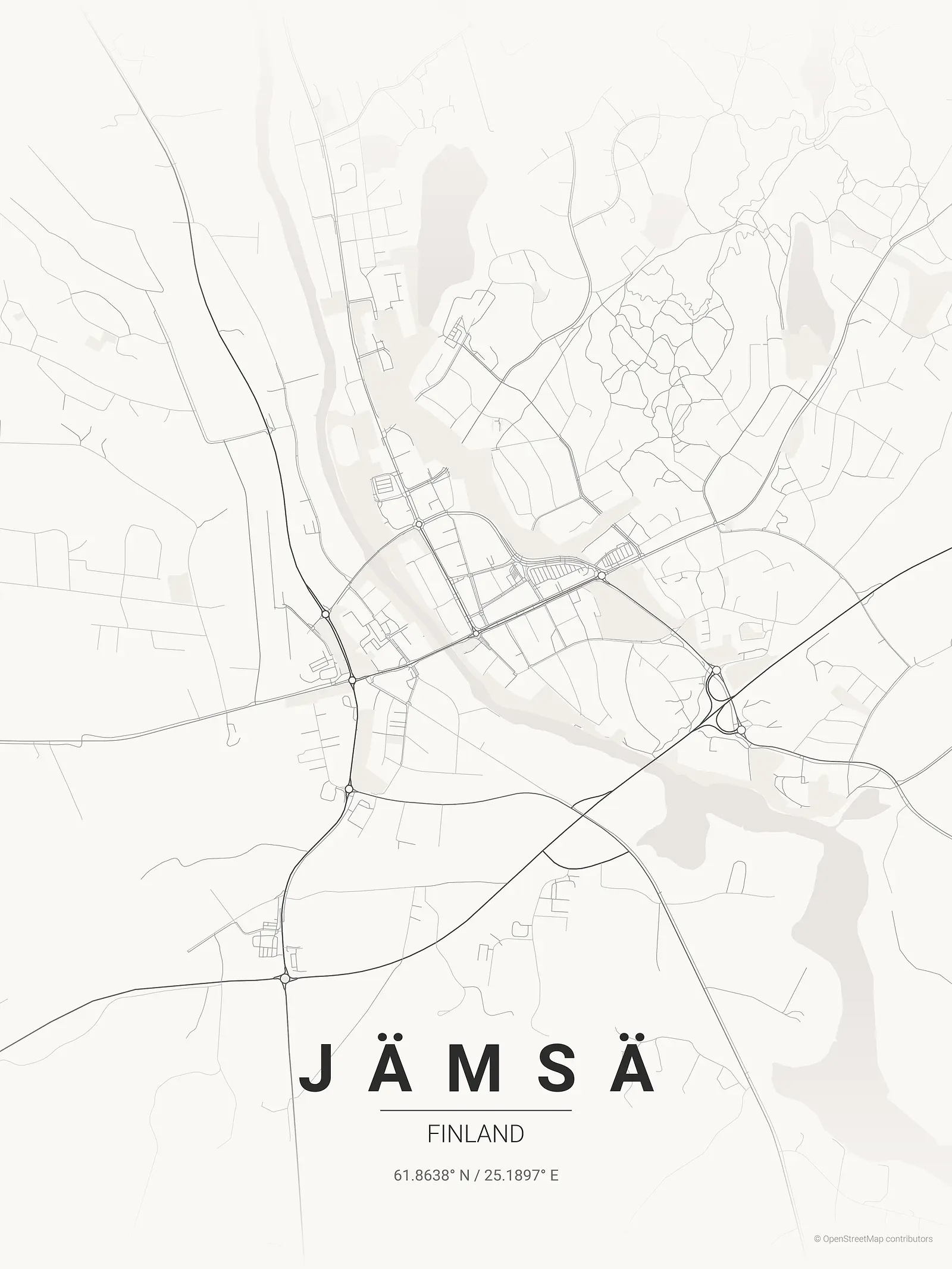 Stylized map poster of JÄMSÄ in Japanese ink style