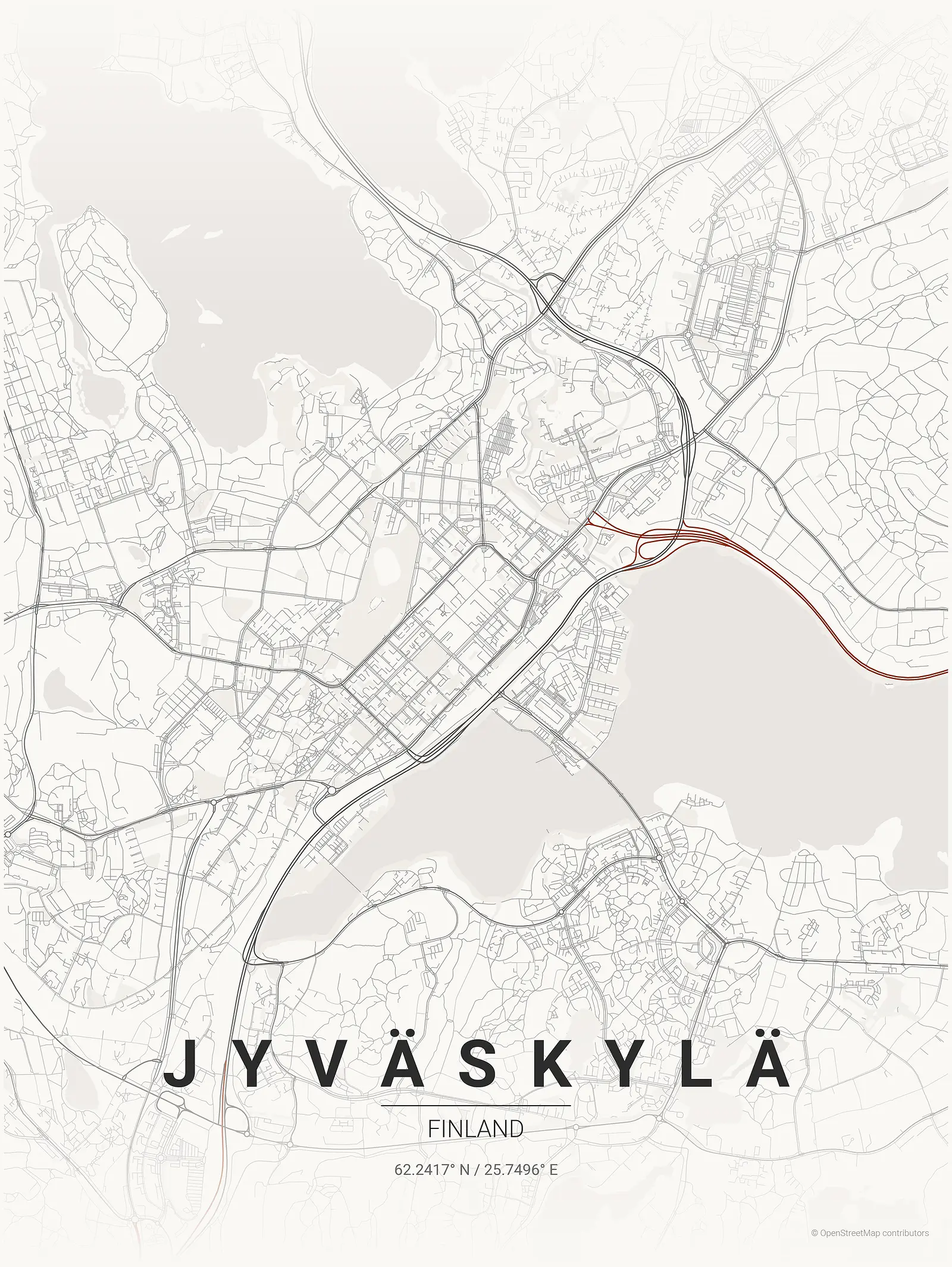 Stylized map poster of Jyväskylä in Japanese ink style