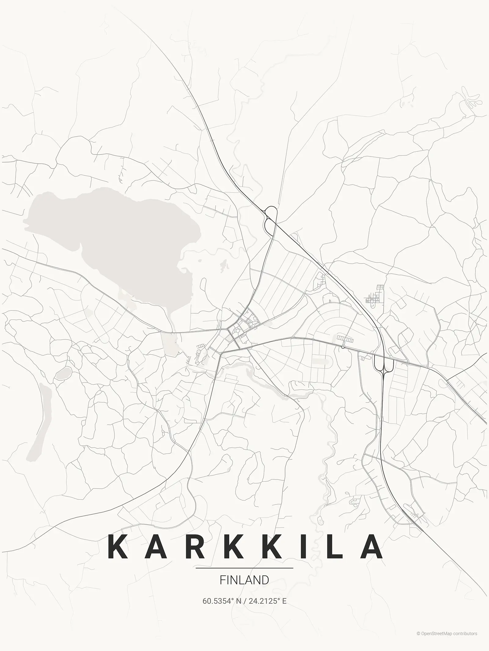 Stylized map poster of Karkkila in Japanese ink style