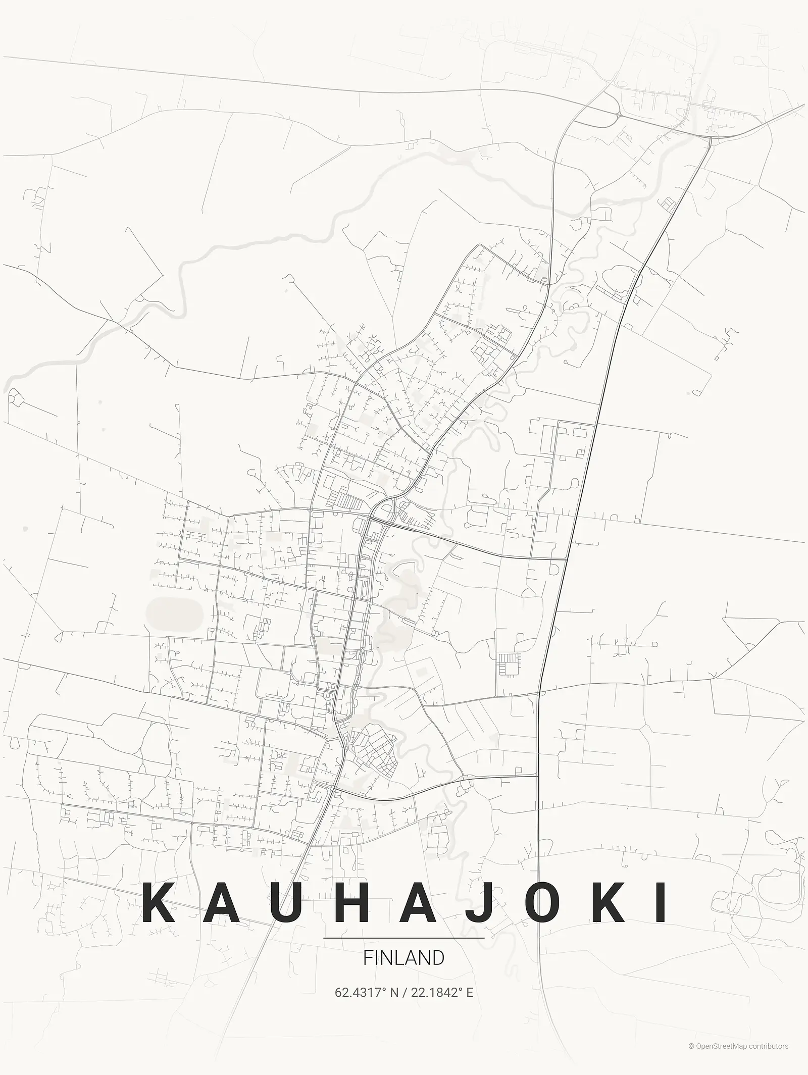 Stylized map poster of Kauhajoki in Japanese ink style