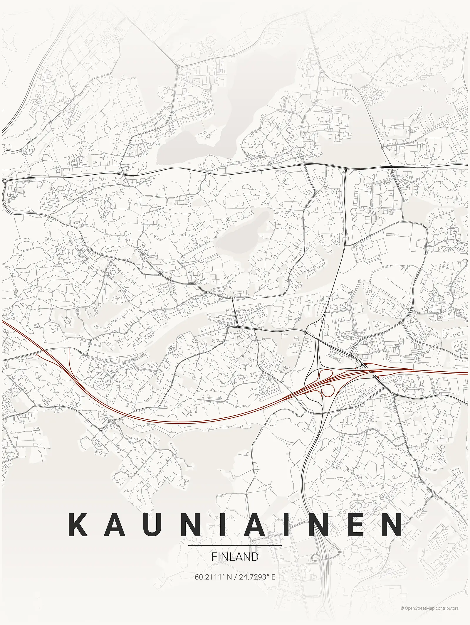 Stylized map poster of Kauniainen in Japanese ink style