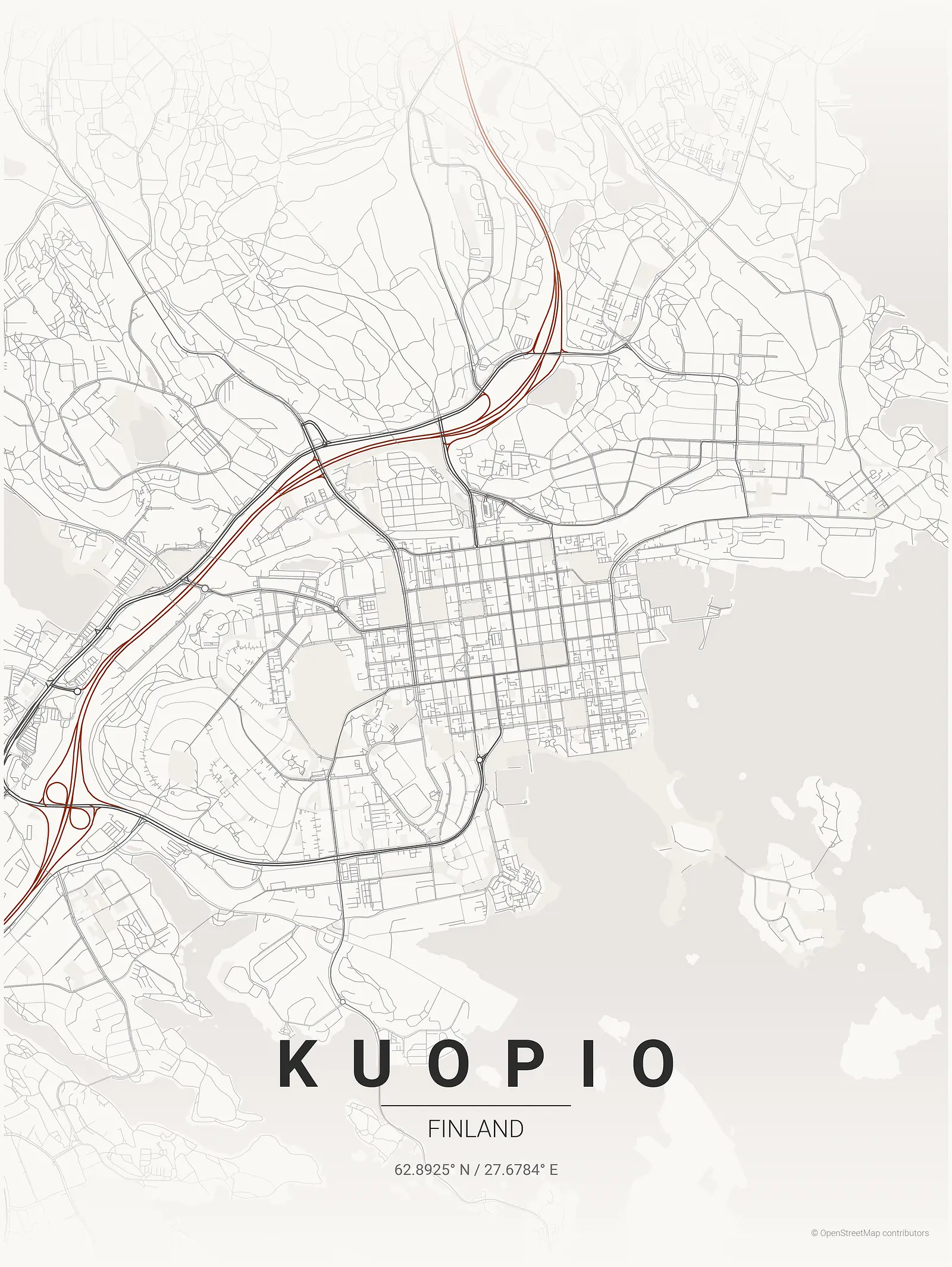Stylized kaart poster of Kuopio in Japanese ink style
