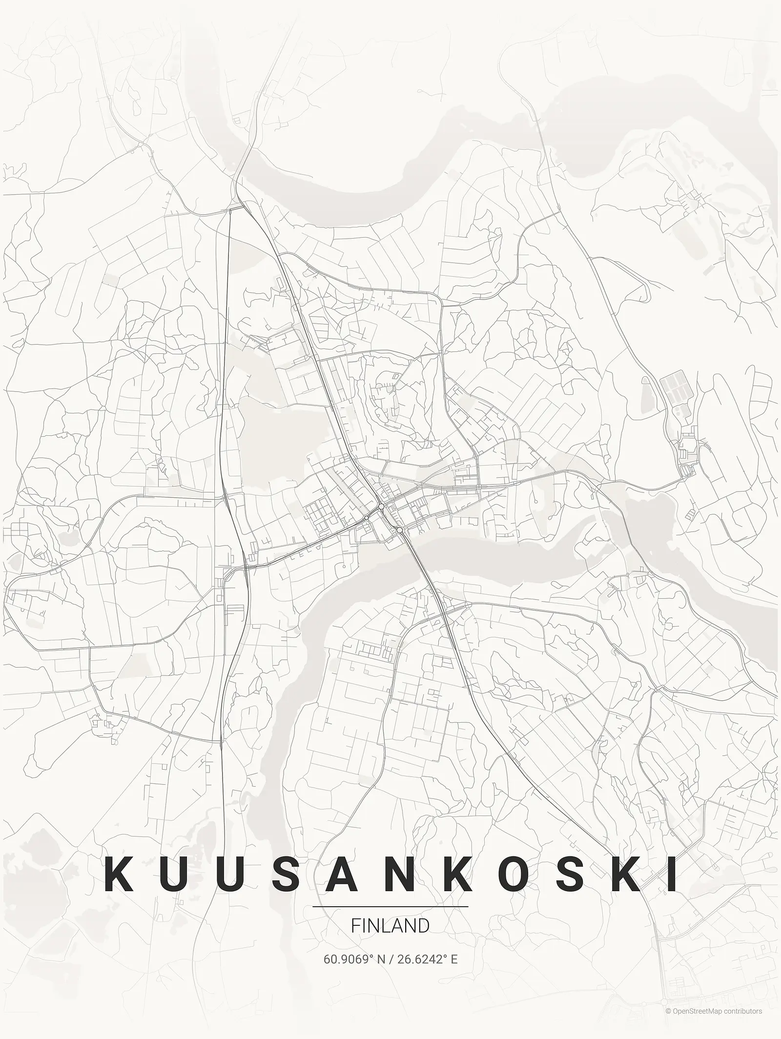 Stylized map poster of Kuusankoski in Japanese ink style