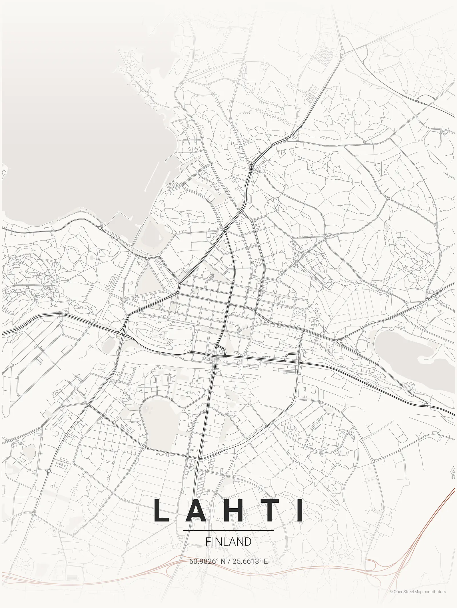 Póster de mapa estilizado de Lahti en estilo tinta japonesa