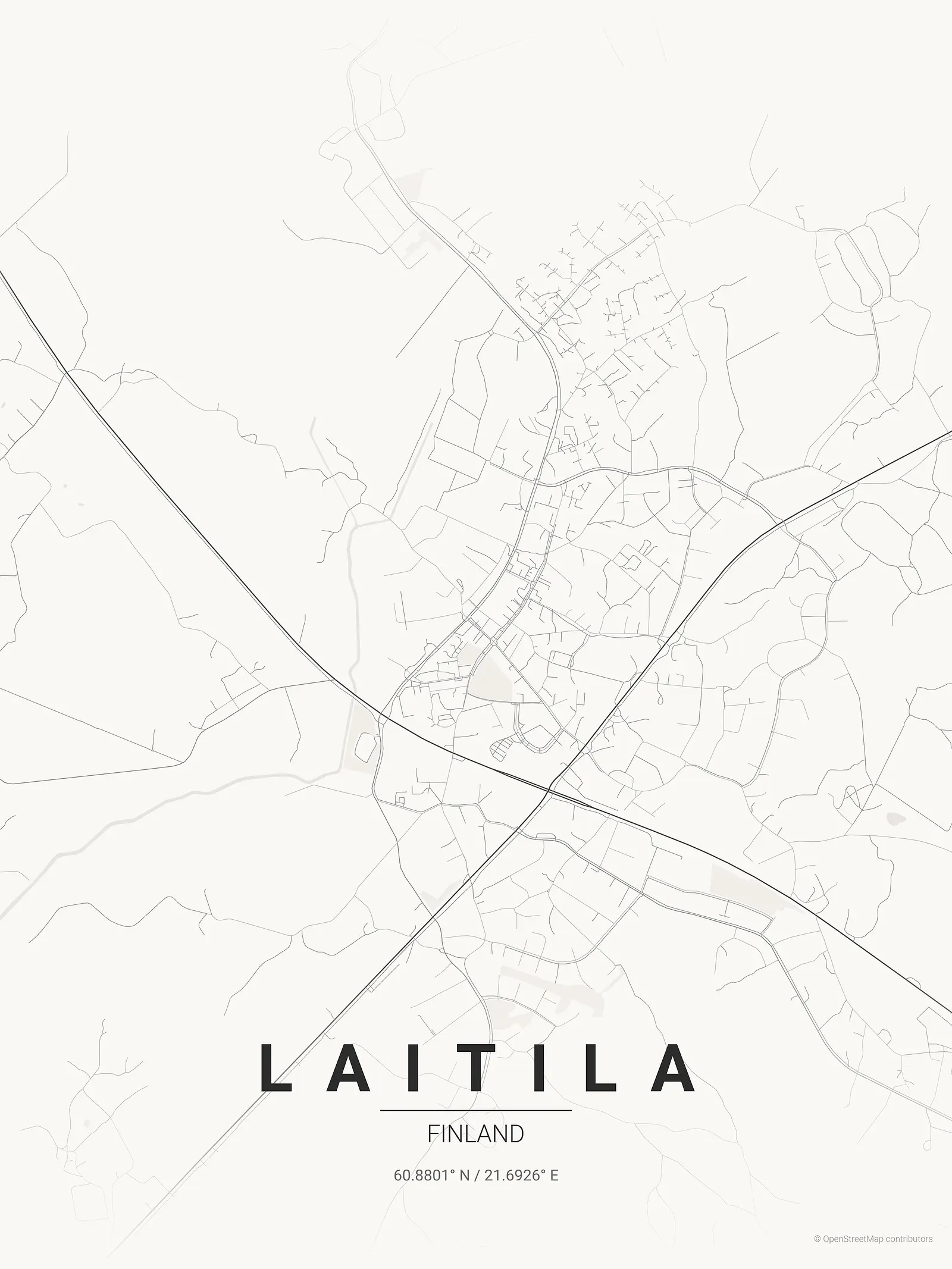 Póster de mapa estilizado de Laitila en estilo tinta japonesa