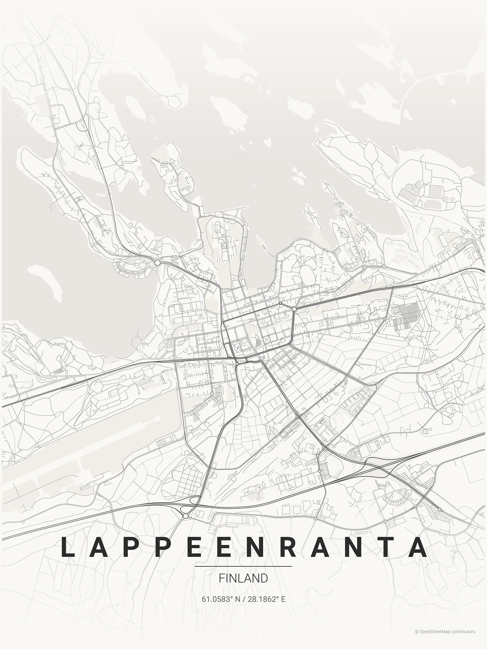 Póster de mapa estilizado de Lappeenranta en estilo tinta japonesa