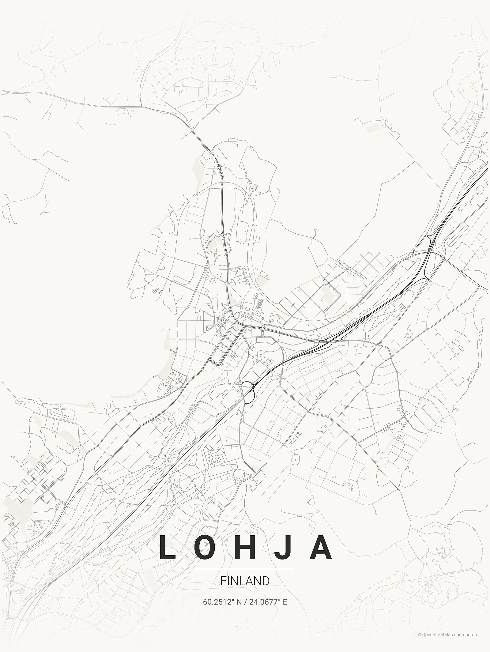Stylized map poster of Lohja in Japanese ink style