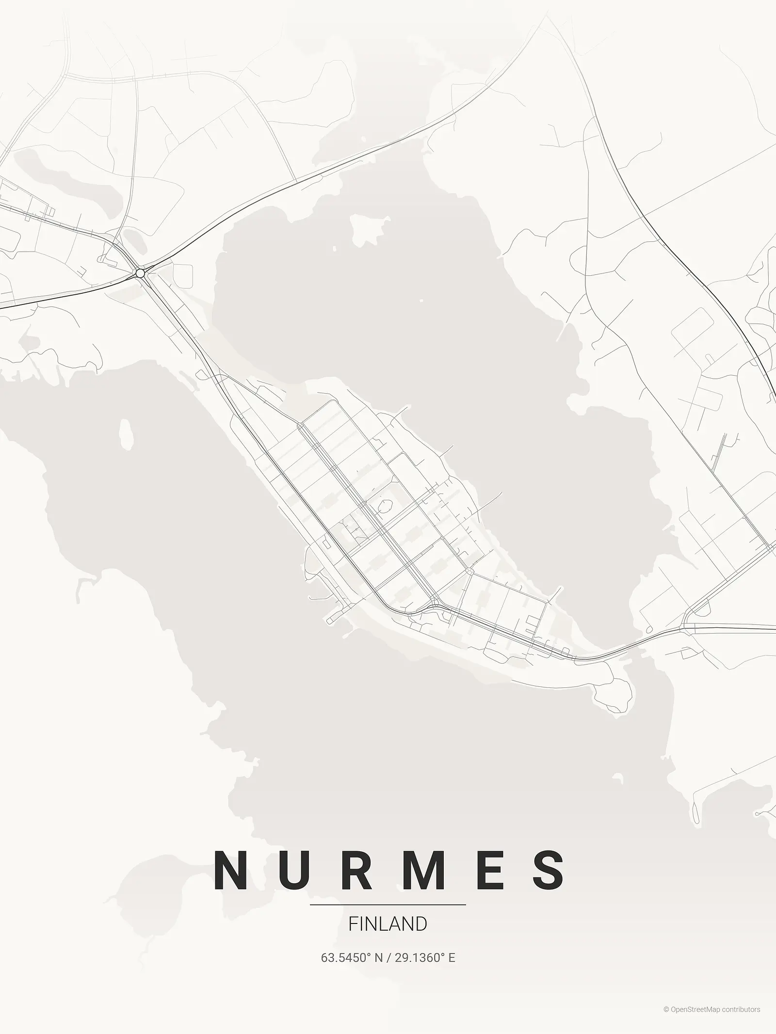 Póster de mapa estilizado de Nurmes en estilo tinta japonesa