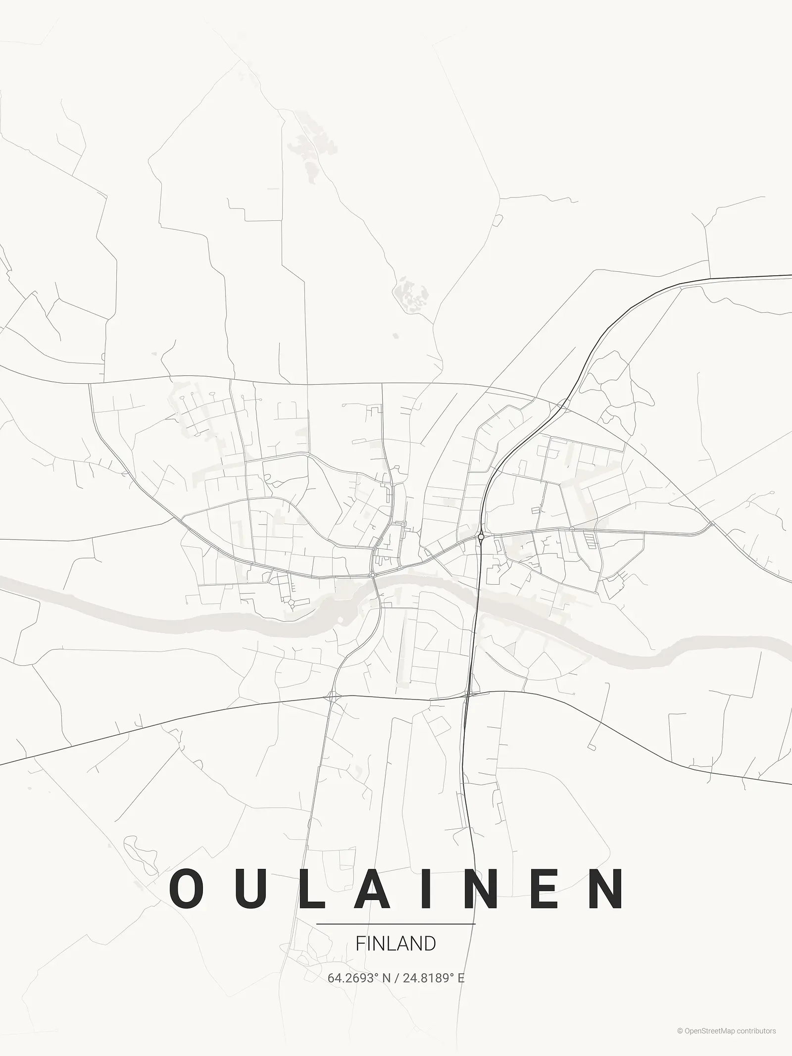 Póster de mapa estilizado de Oulainen en estilo tinta japonesa