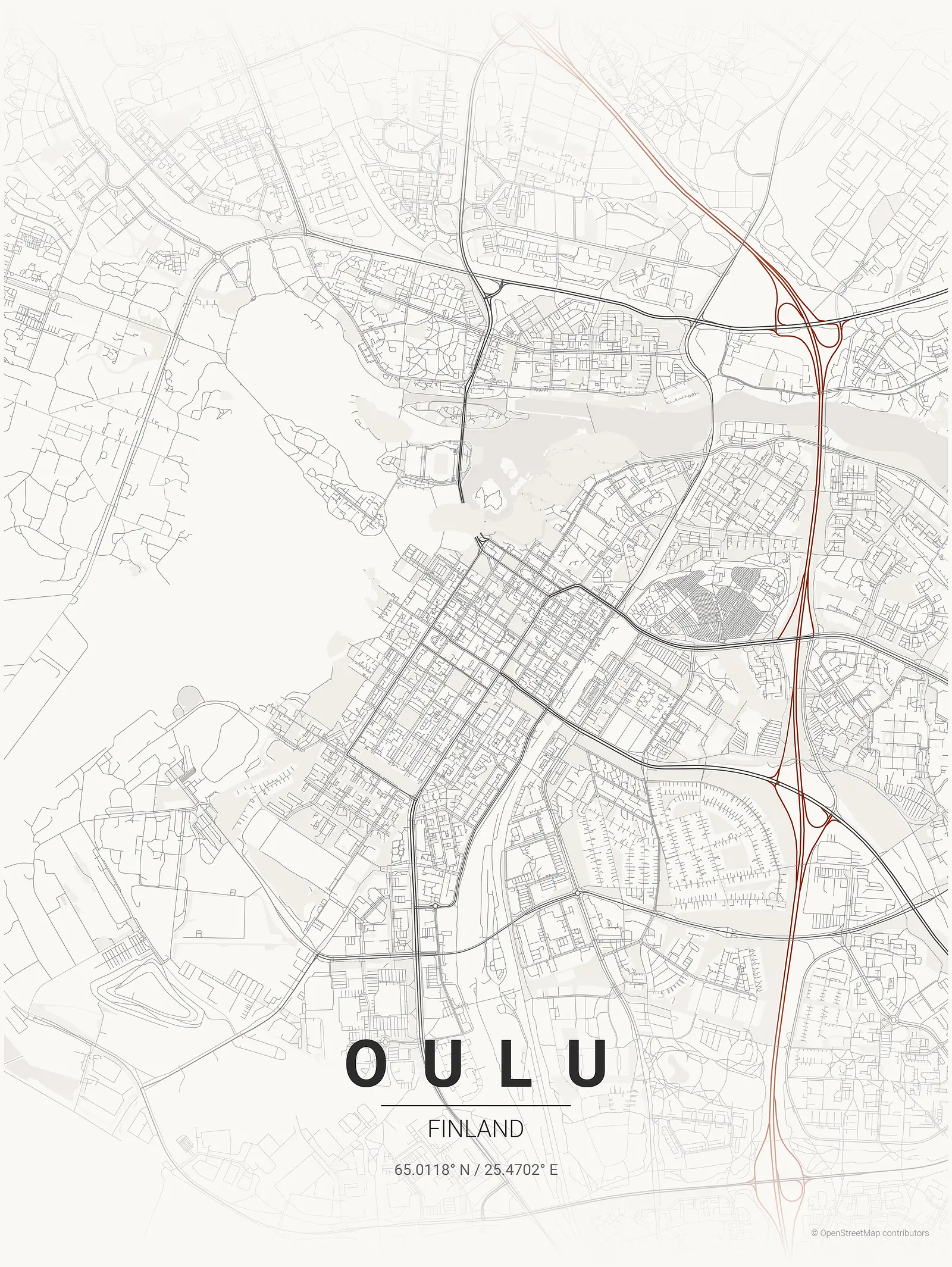 Póster de mapa estilizado de Oulu en estilo tinta japonesa
