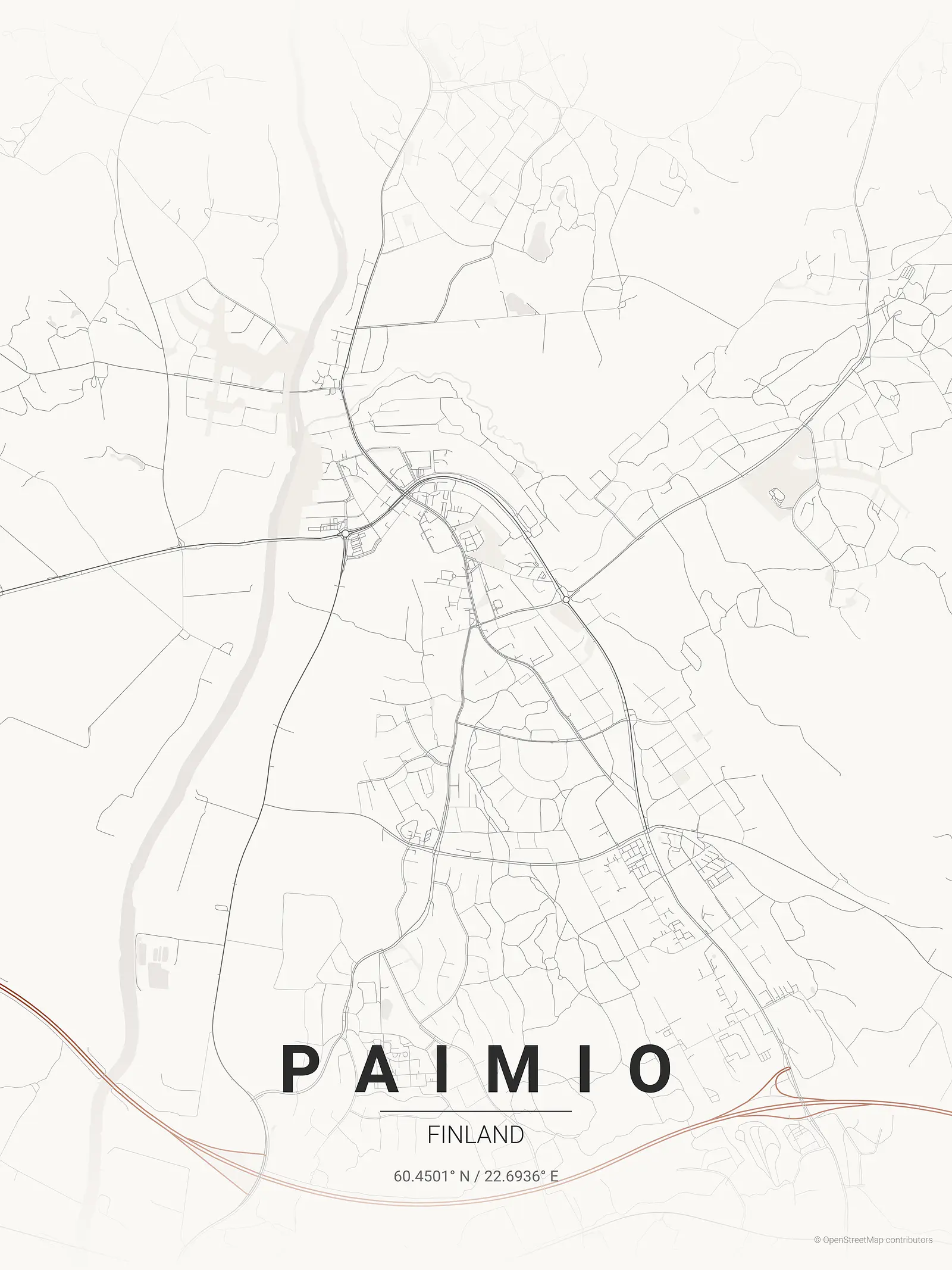 Póster de mapa estilizado de Paimio en estilo tinta japonesa