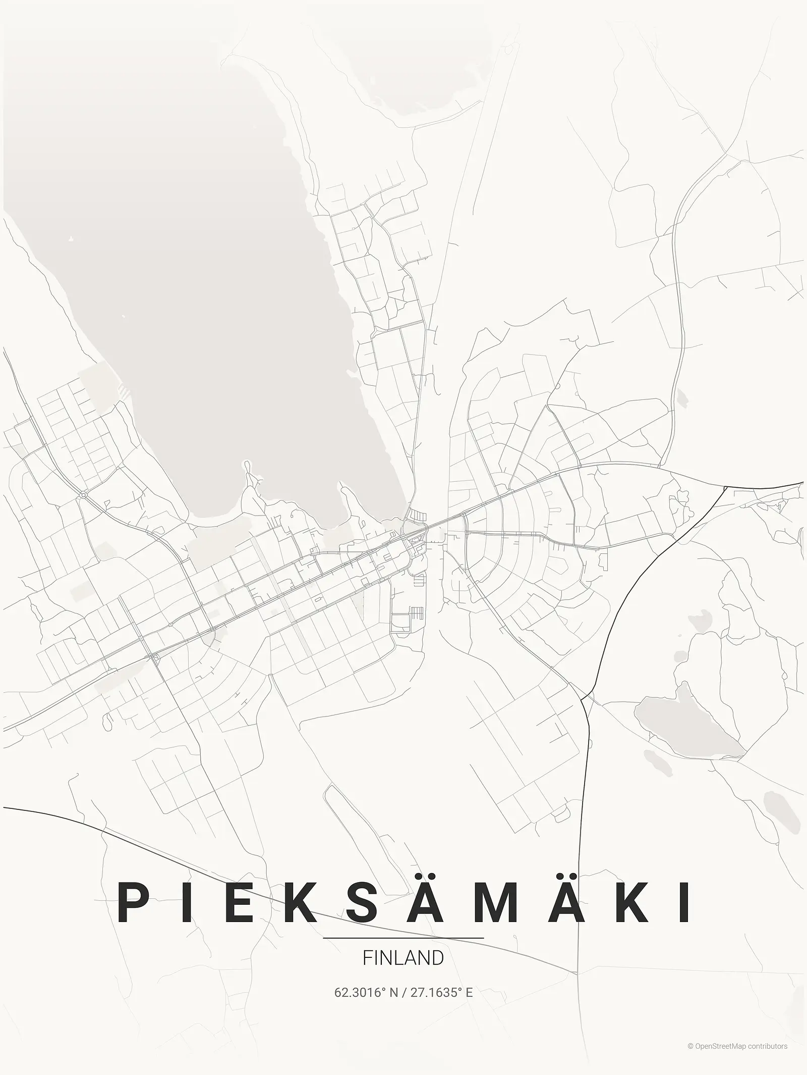 Stylized kaart poster of Pieksämäki in Japanese ink style