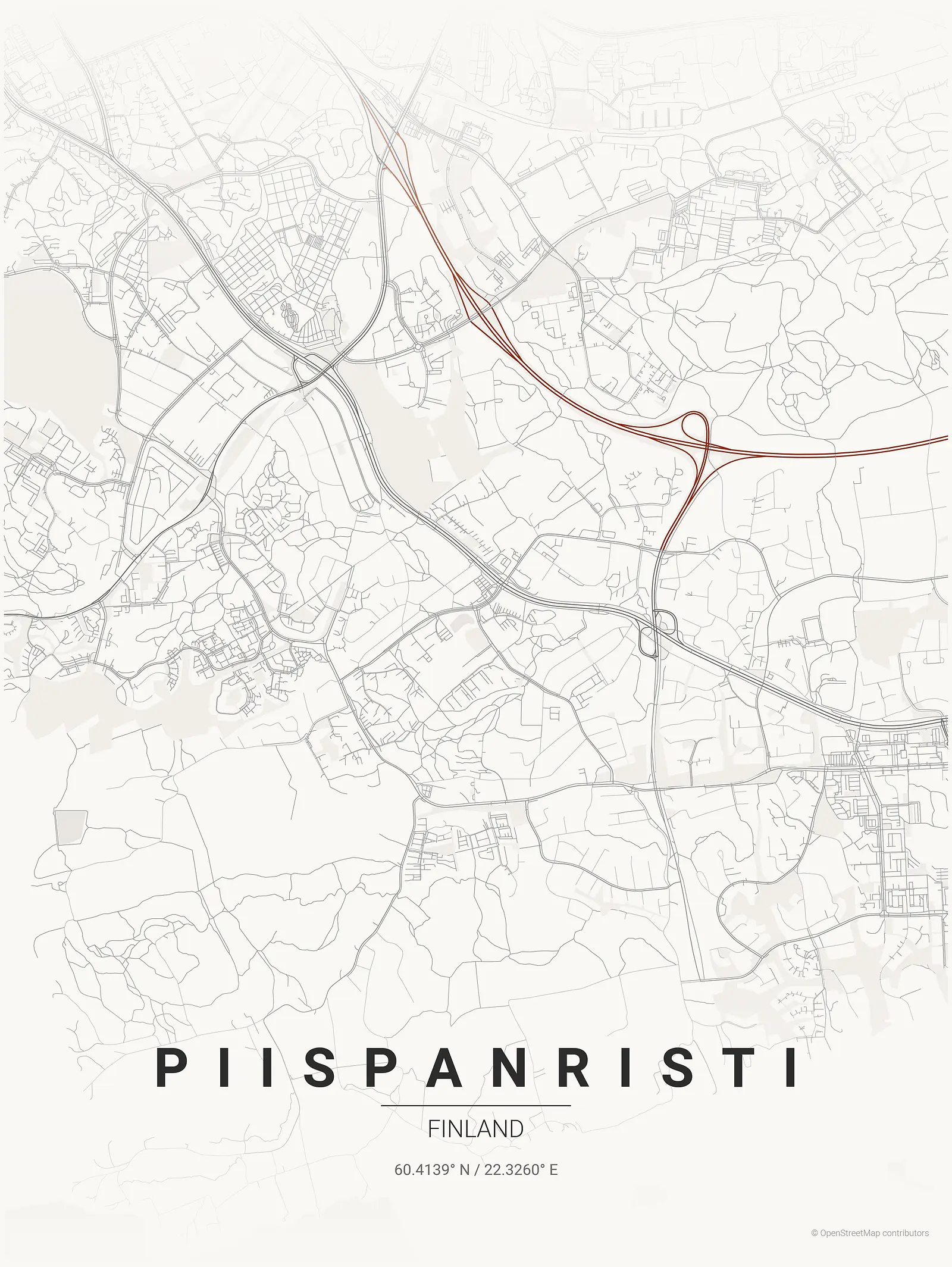 Póster de mapa estilizado de Piispanristi en estilo tinta japonesa