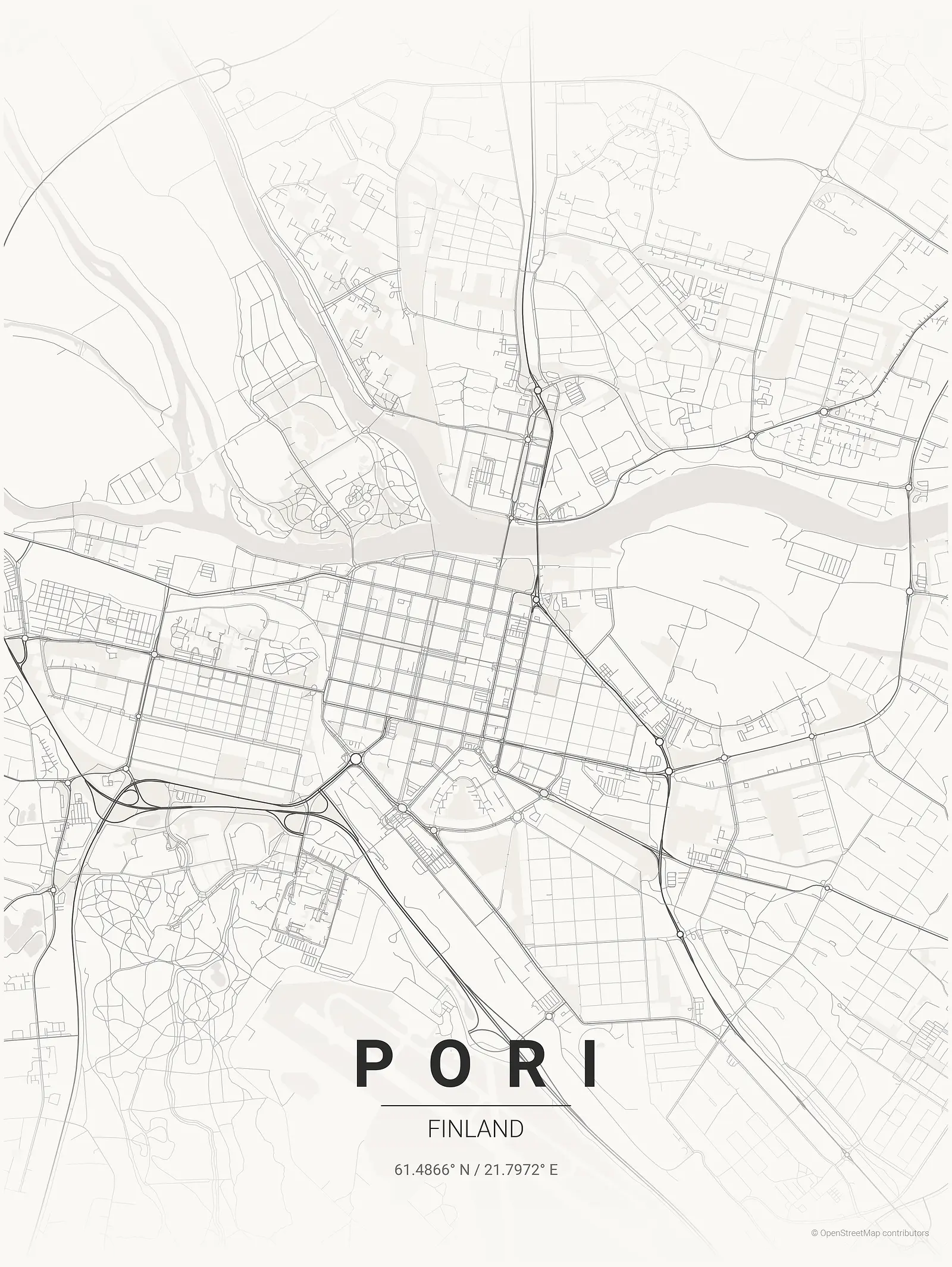 Póster de mapa estilizado de Pori en estilo tinta japonesa