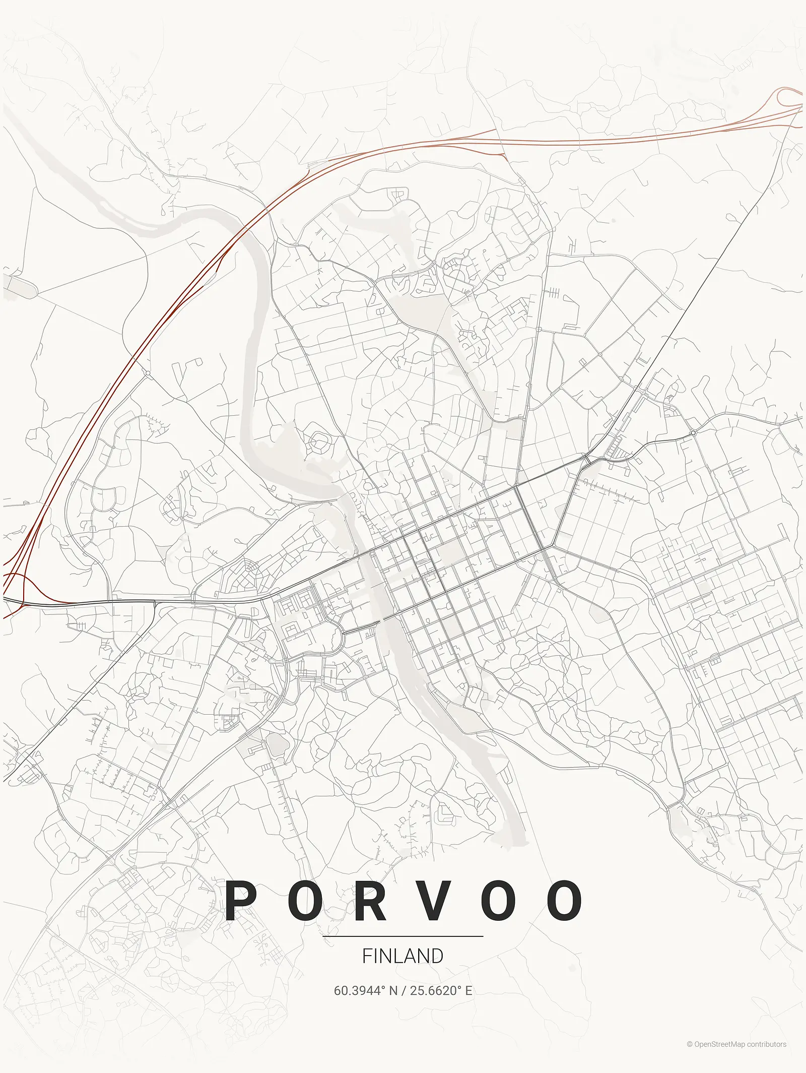 Póster de mapa estilizado de Porvoo en estilo tinta japonesa