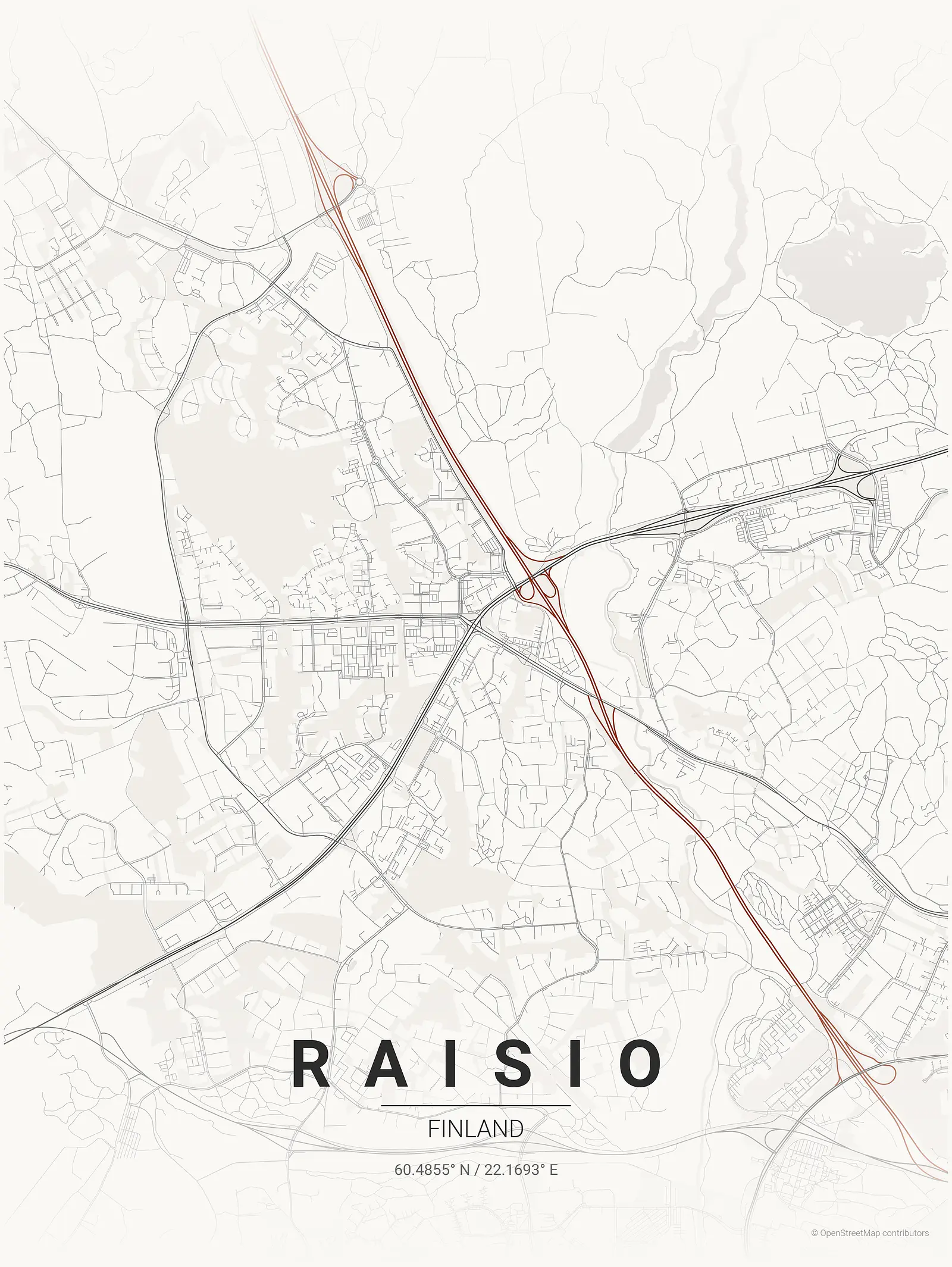 Póster de mapa estilizado de Raisio en estilo tinta japonesa