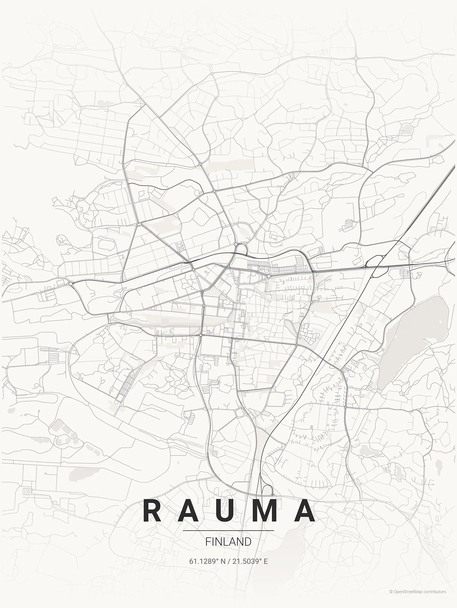 Póster de mapa estilizado de Rauma en estilo tinta japonesa