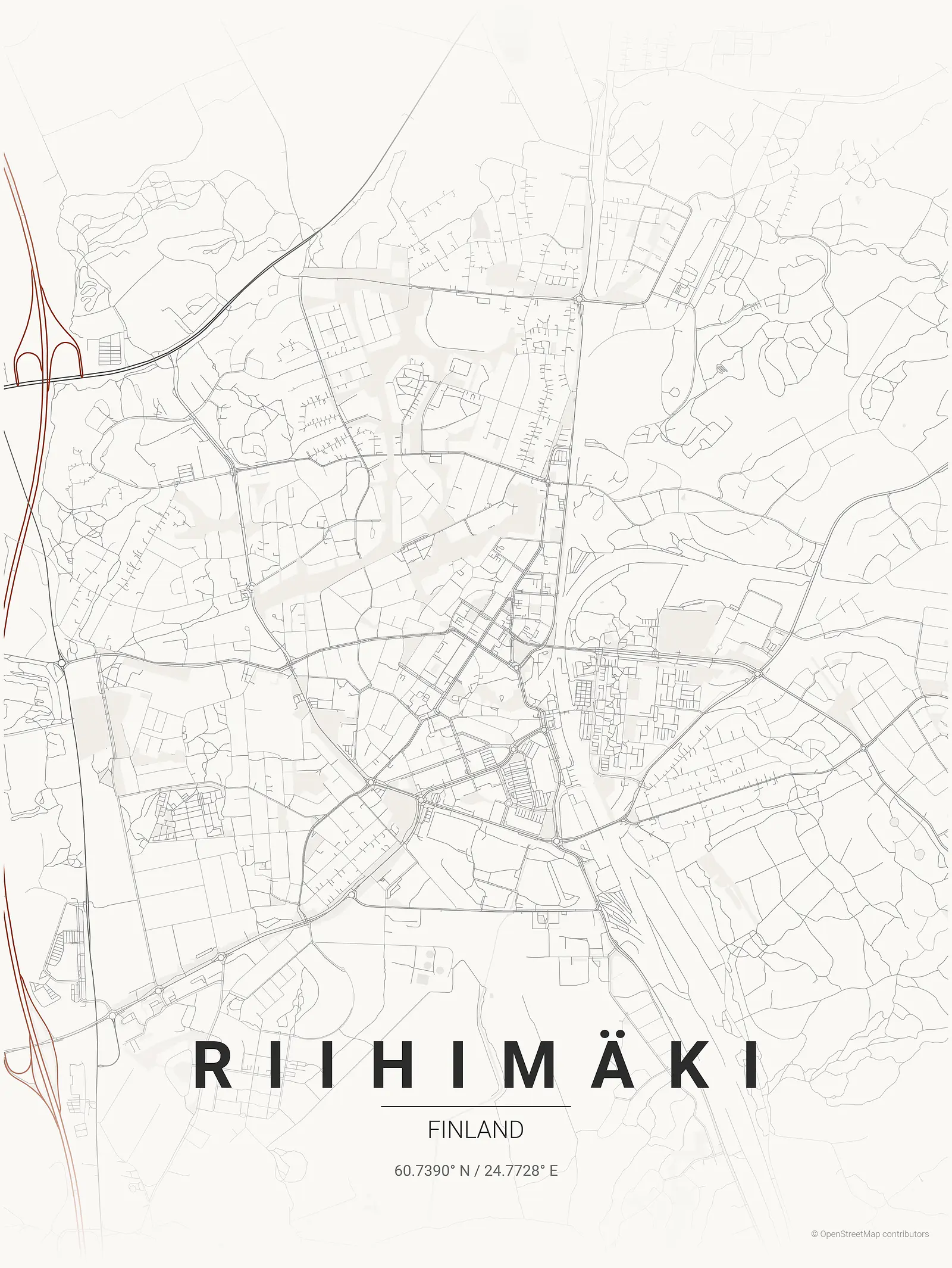 Póster de mapa estilizado de Riihimäki en estilo tinta japonesa