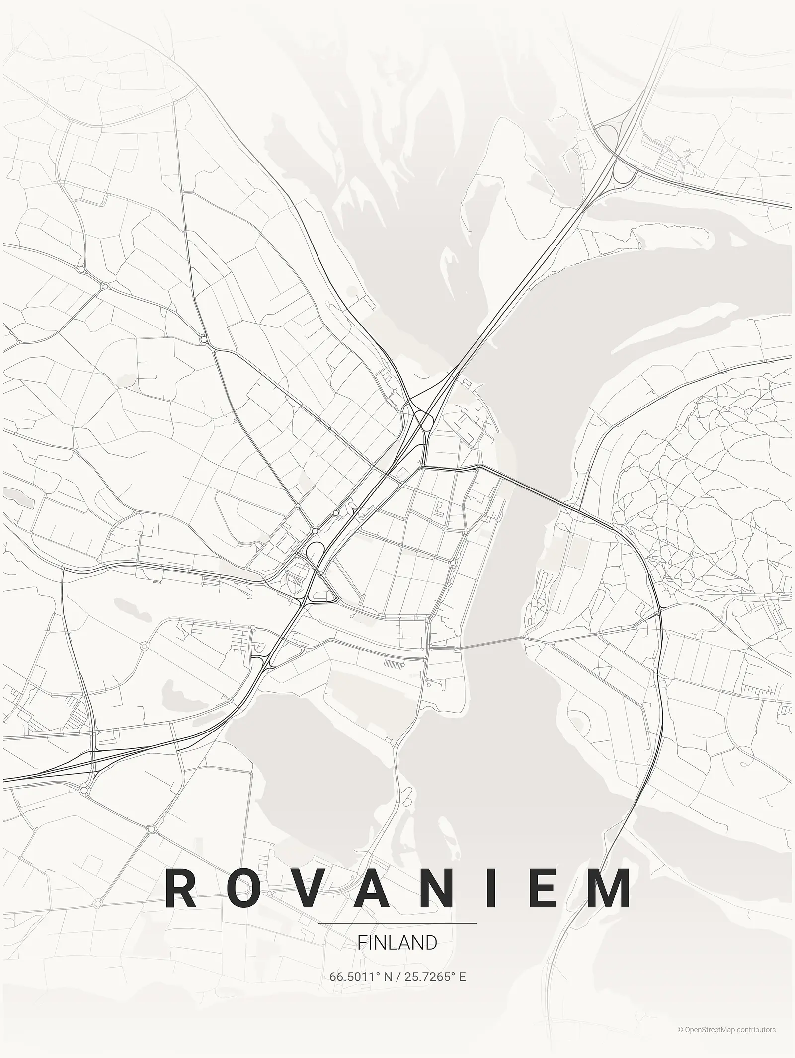 Póster de mapa estilizado de Rovaniem en estilo tinta japonesa