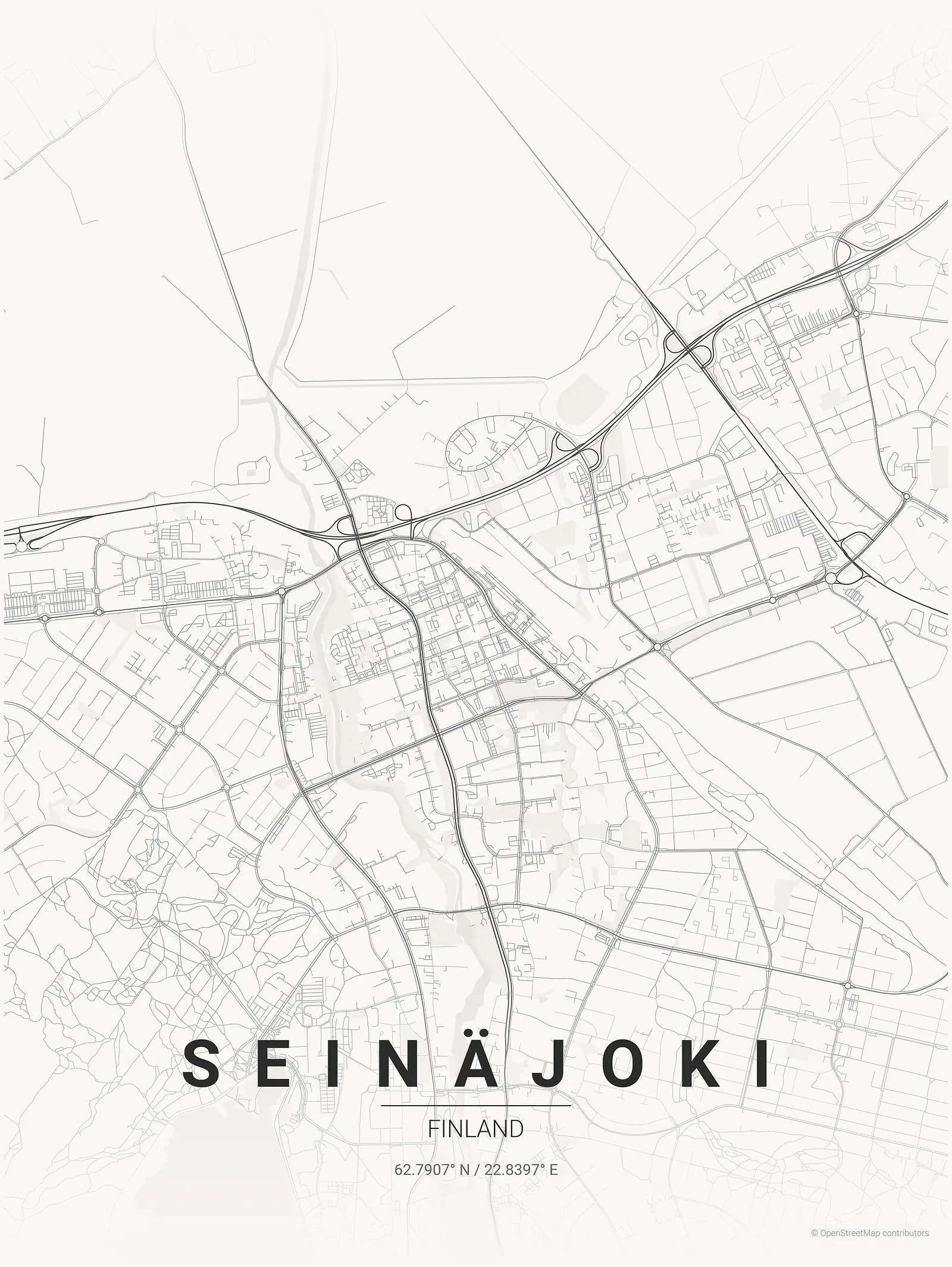 Stylized map poster of Seinäjoki in Japanese ink style