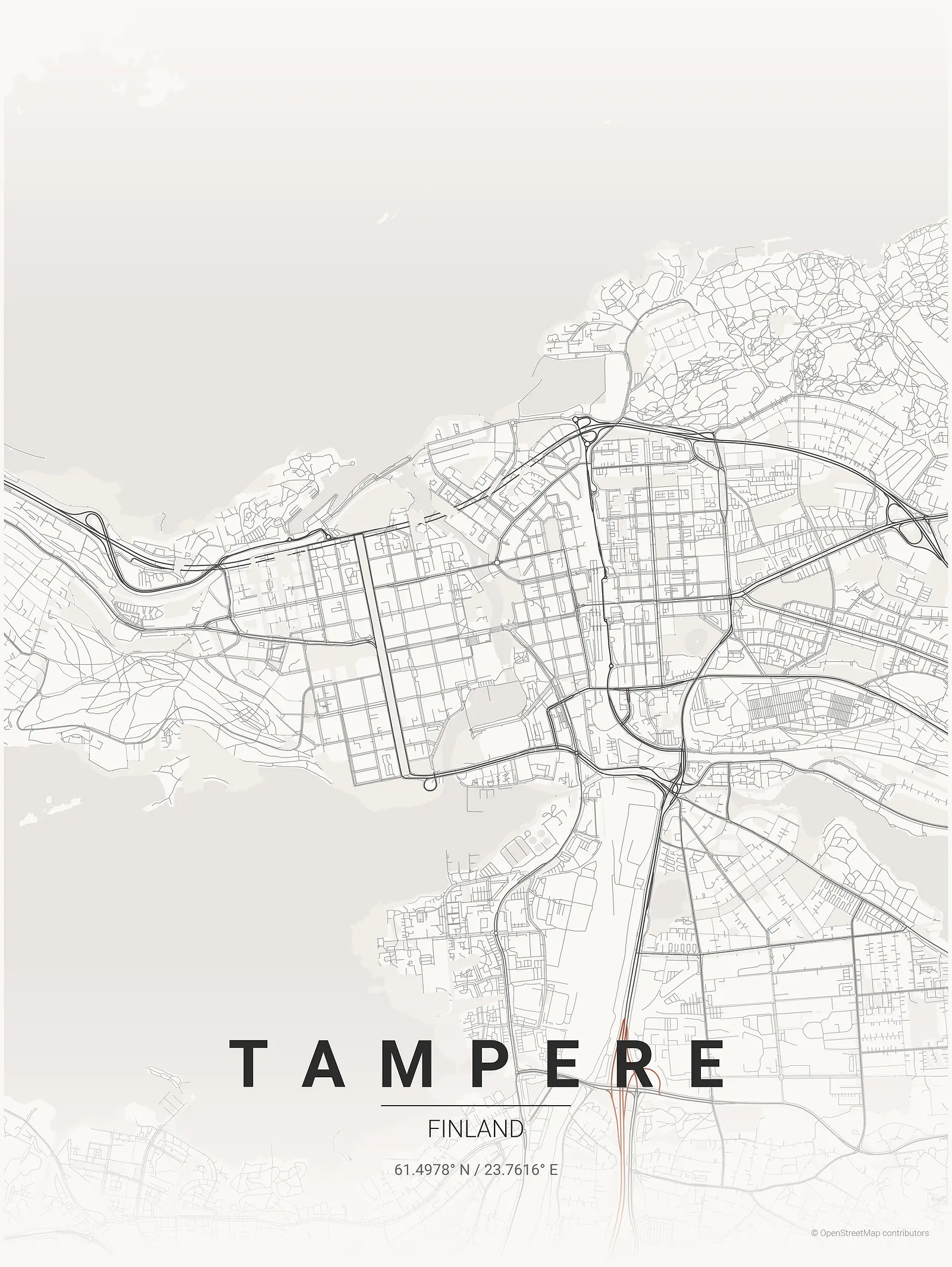 Stylized map poster of Tampere in Japanese ink style
