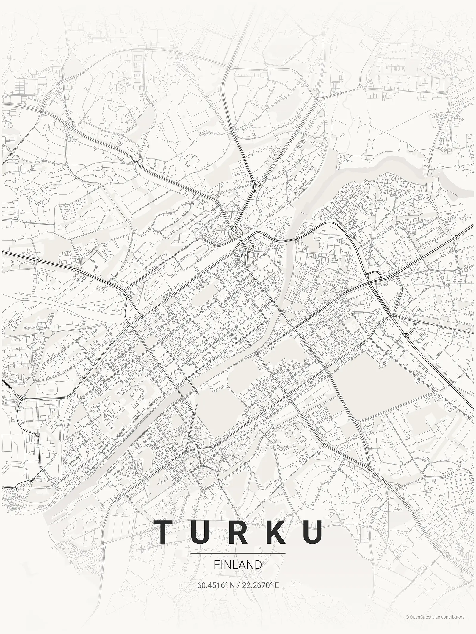 Póster de mapa estilizado de Turku en estilo tinta japonesa