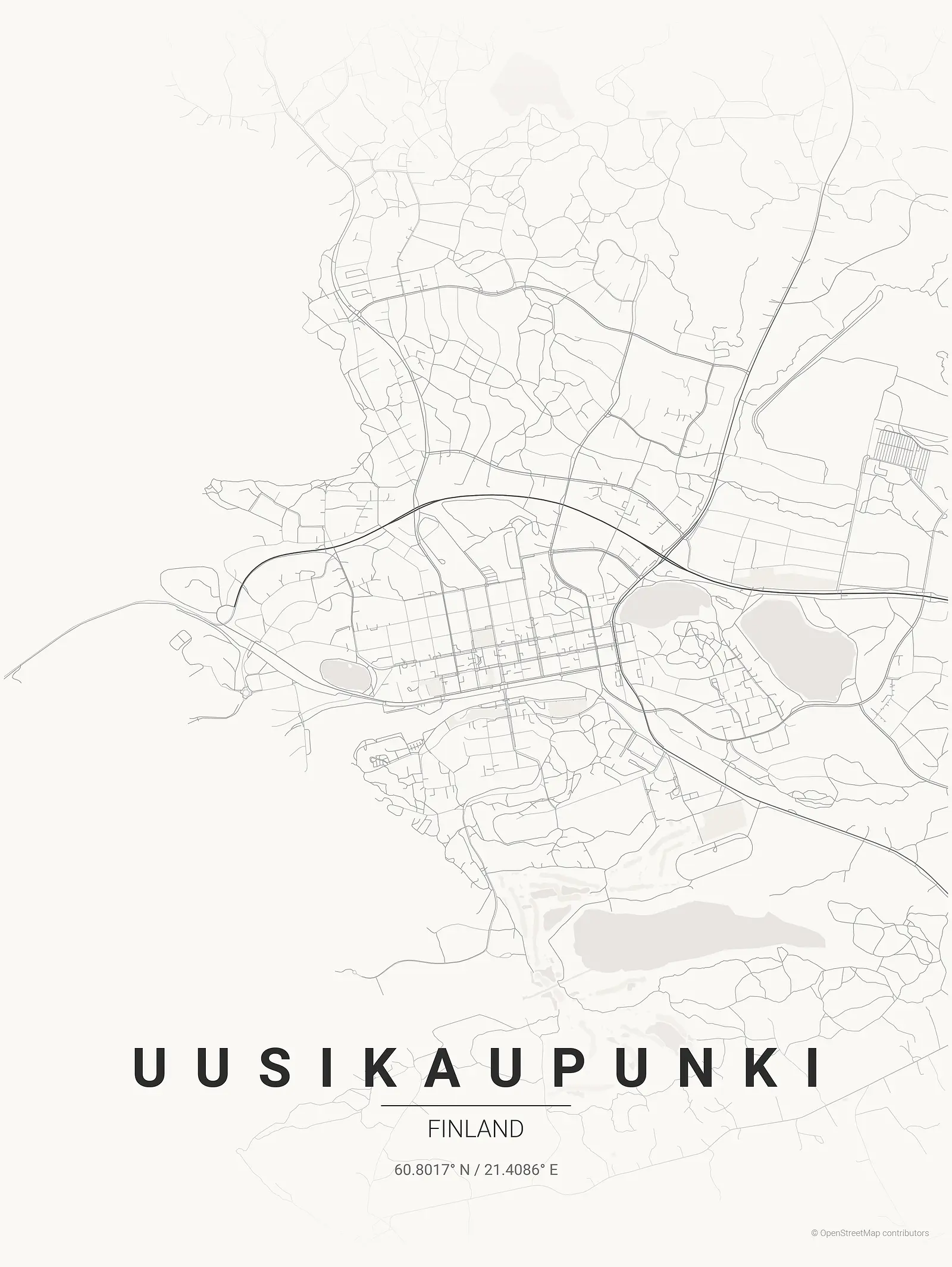 Póster de mapa estilizado de Uusikaupunki en estilo tinta japonesa