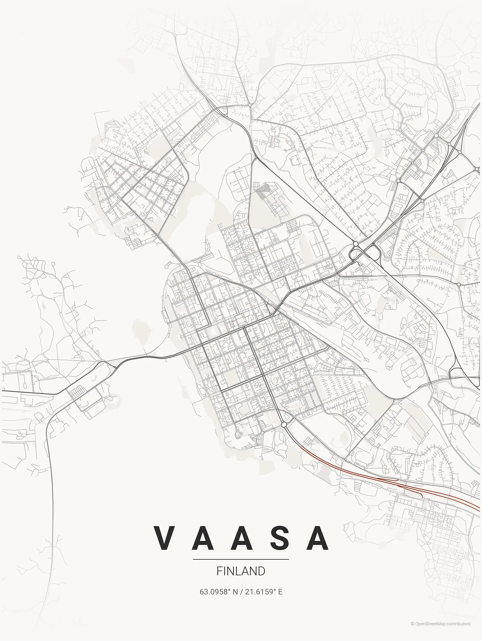 Stylized map poster of Vaasa in Japanese ink style