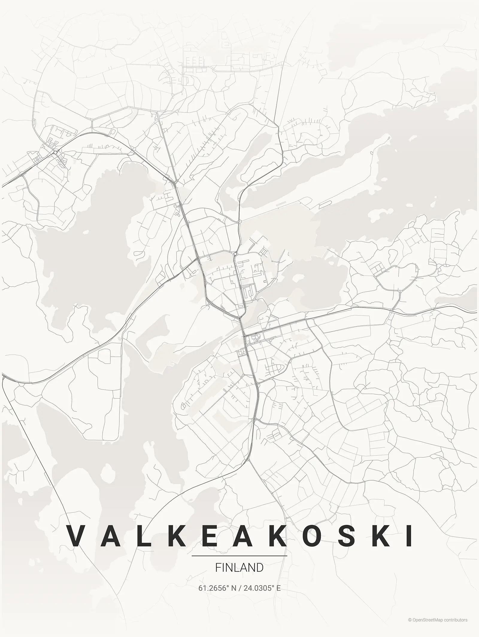 Stylized kaart poster of Valkeakoski in Japanese ink style
