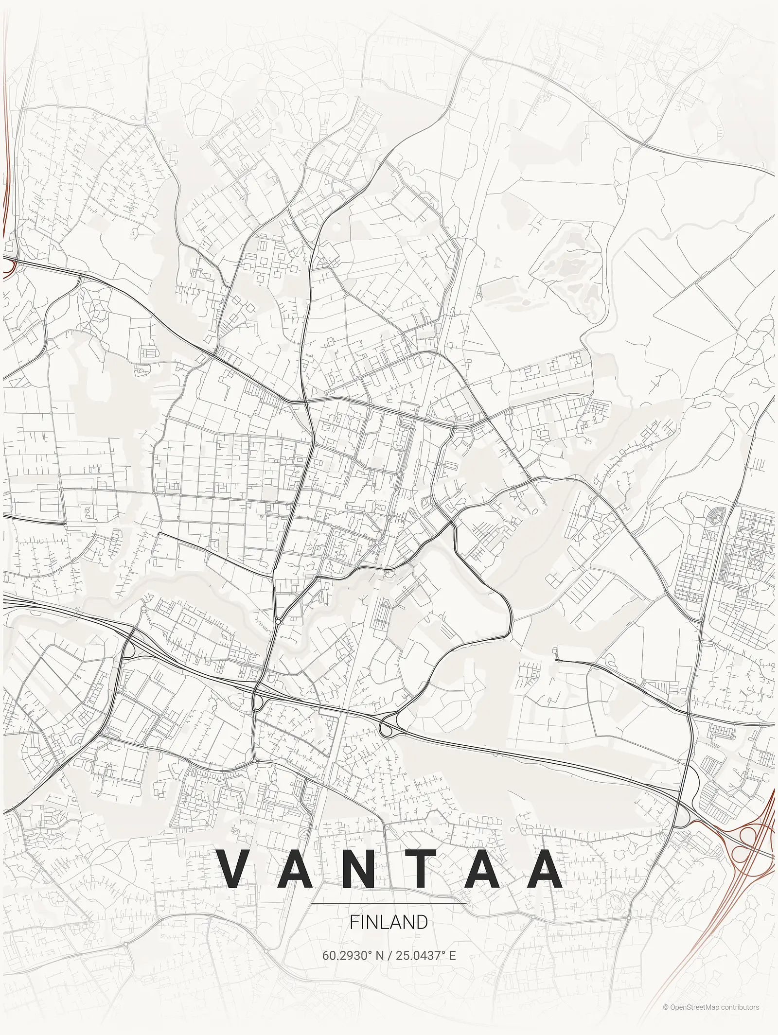 Póster de mapa estilizado de Vantaa en estilo tinta japonesa
