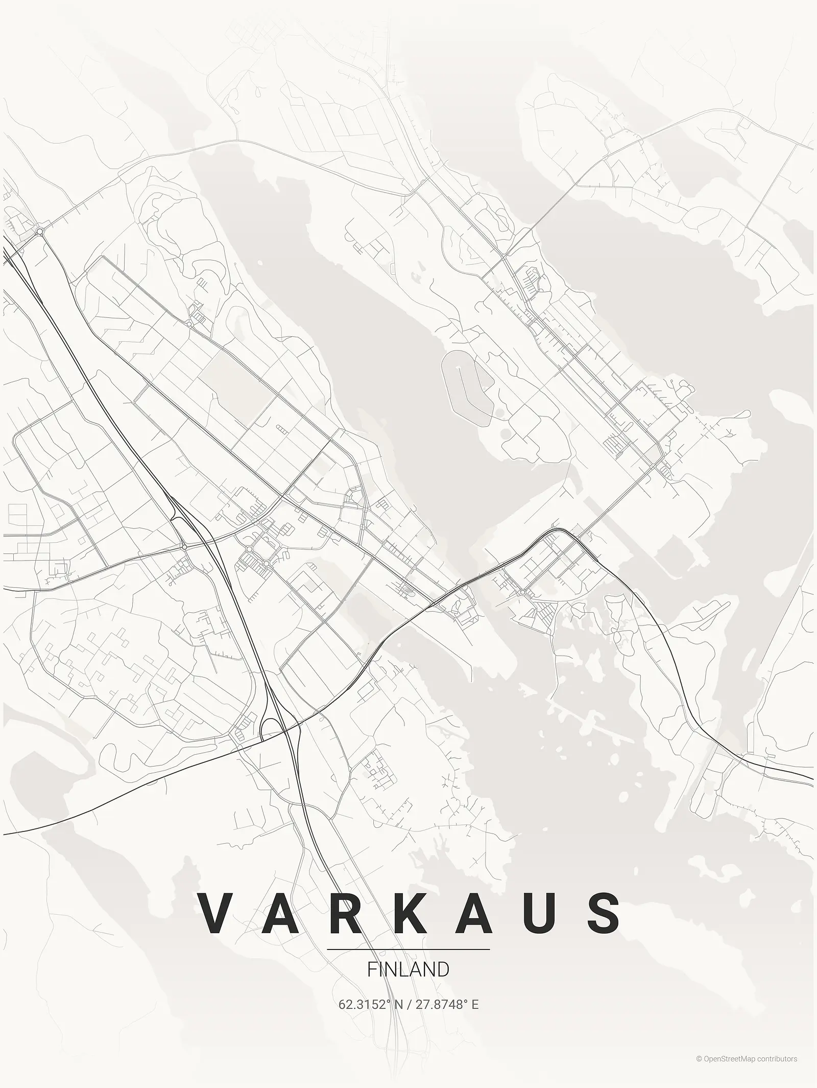 Póster de mapa estilizado de VARKAUS en estilo tinta japonesa
