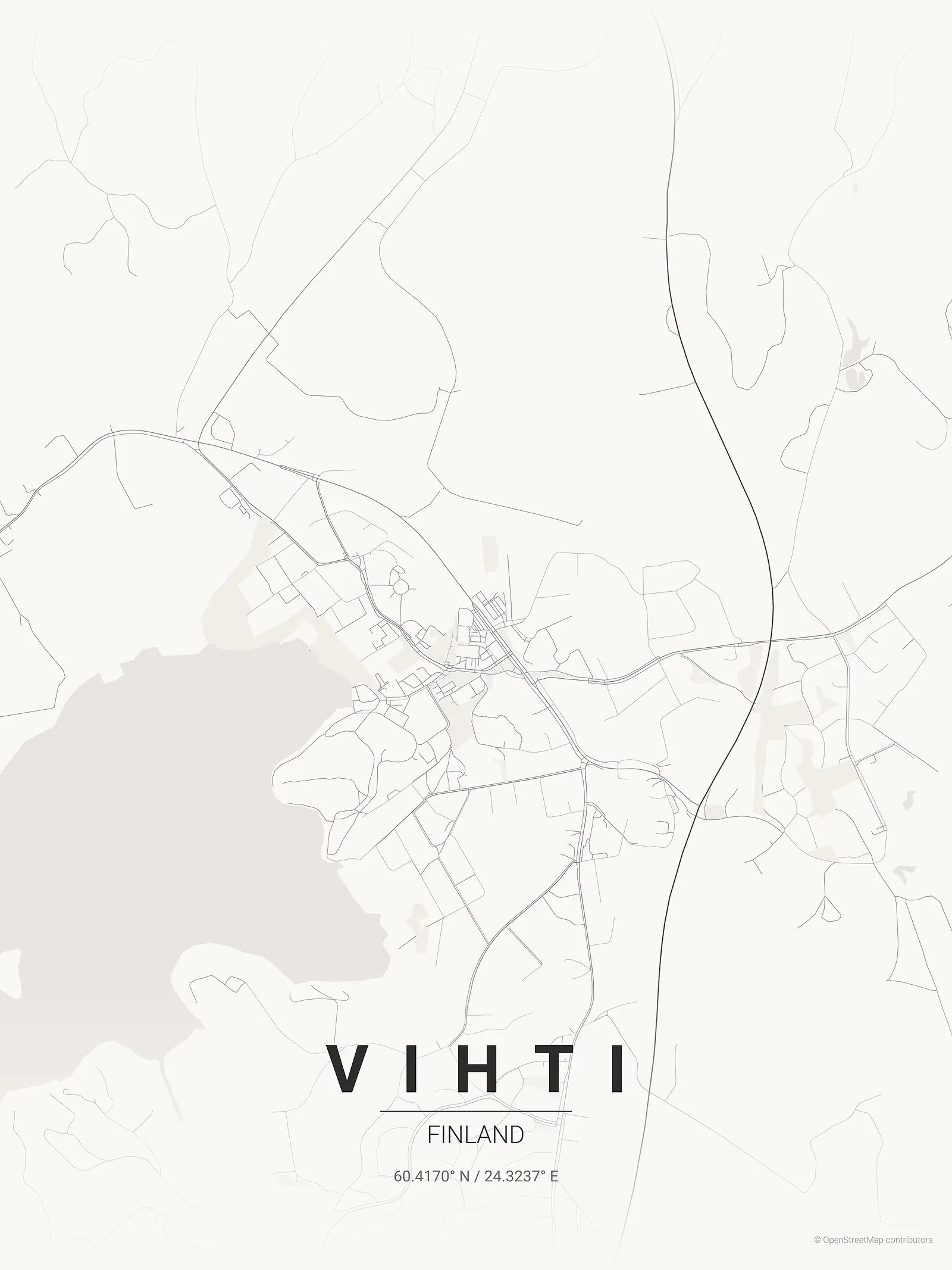 Stylized map poster of Vihti in Japanese ink style
