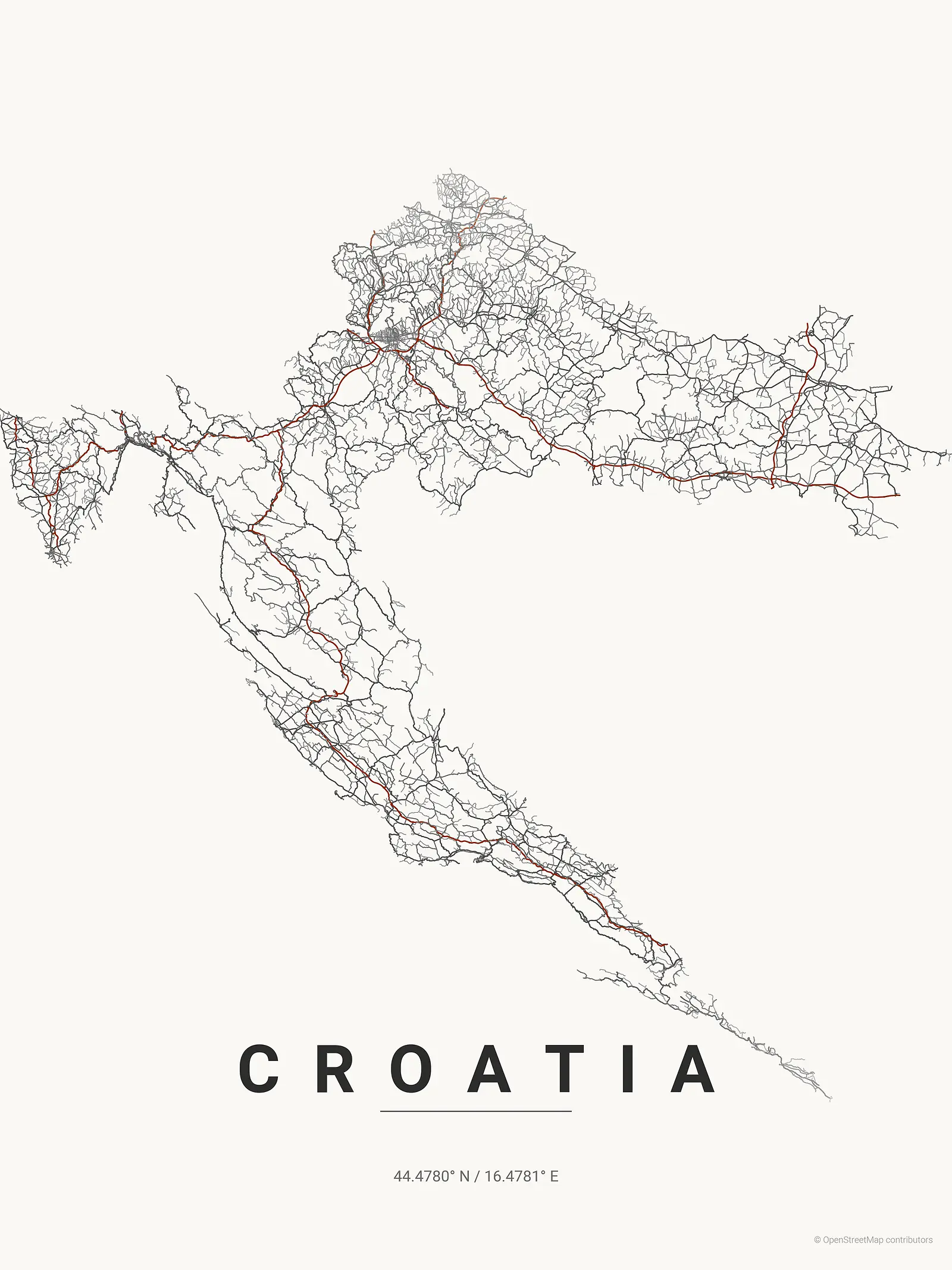 Stylized map poster of Croatia in Japanese ink style