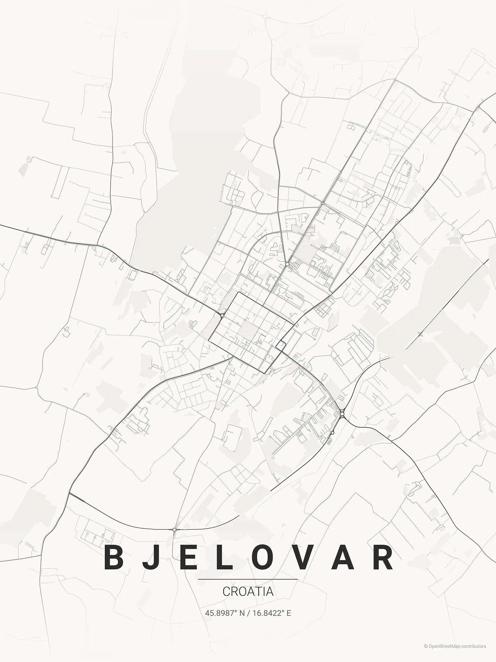 Stylized map poster of Bjelovar in Japanese ink style