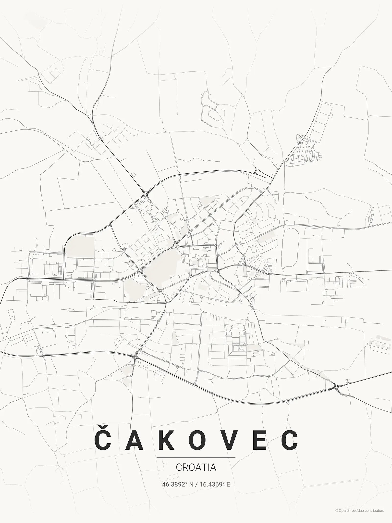 Stylized map poster of Čakovec in Japanese ink style