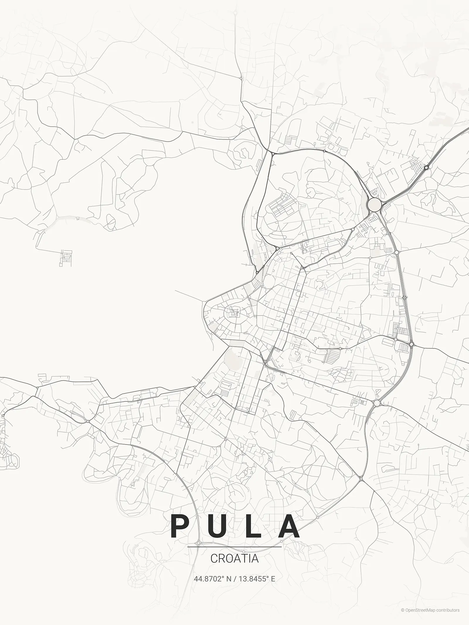Stylized map poster of Pula in Japanese ink style