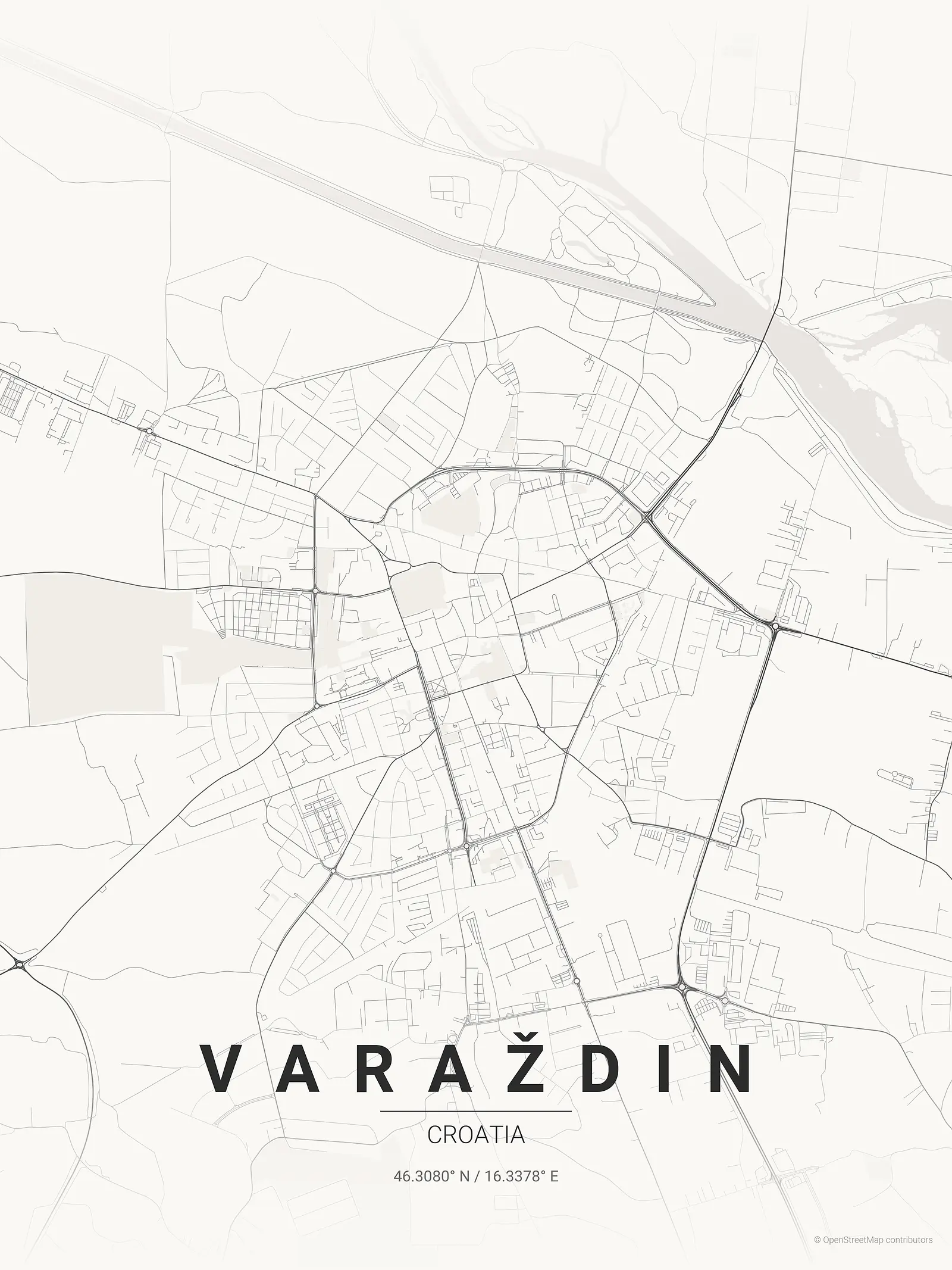 Stylized map poster of Varaždin in Japanese ink style